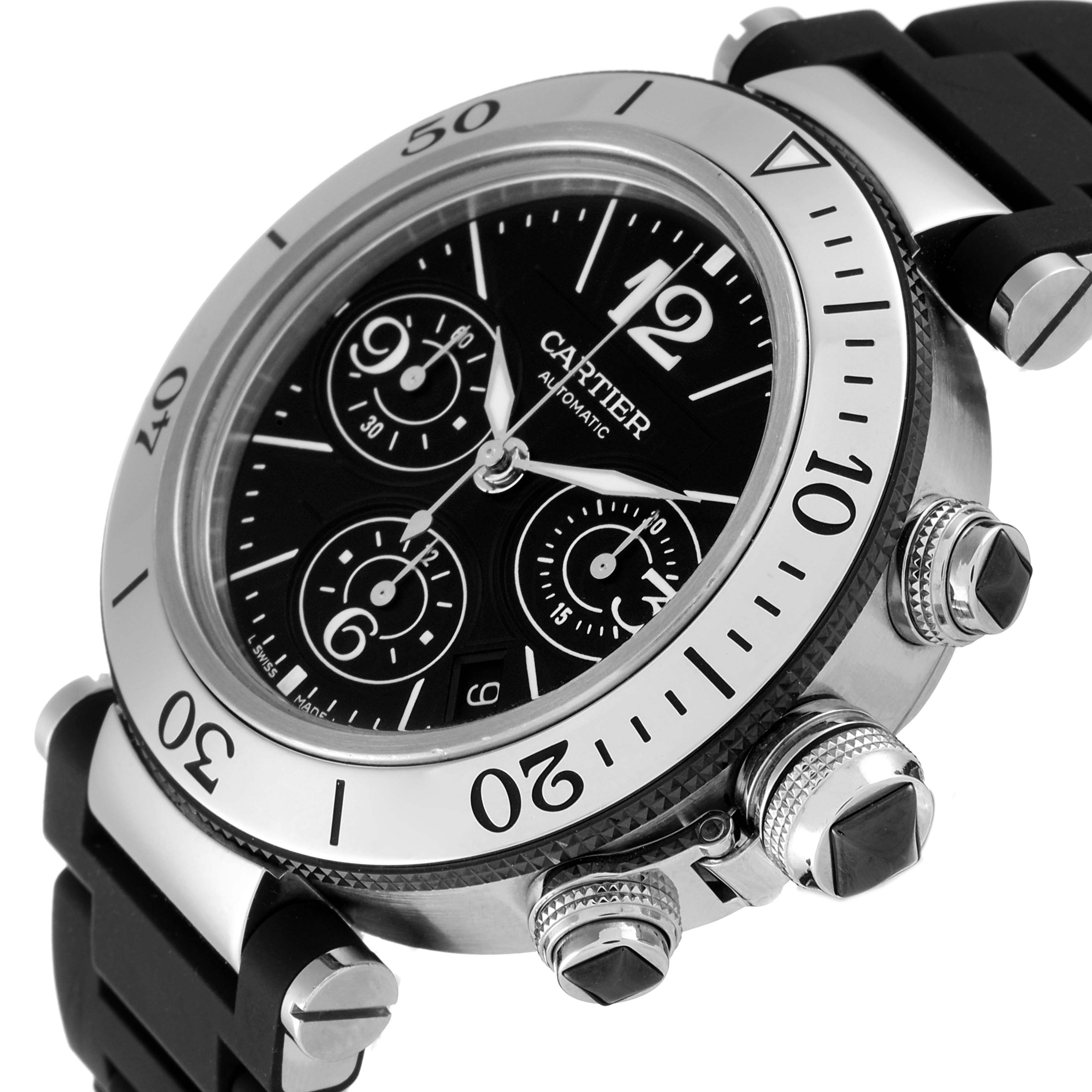 This image shows a Cartier Pasha W31088U2 Men
s Stainless Steel Black Dial W31088U2 Men
s Stainless Steel Black Dial watch at a 3/4 angle, displaying the bezel, dial, subdials, crown, and black strap.