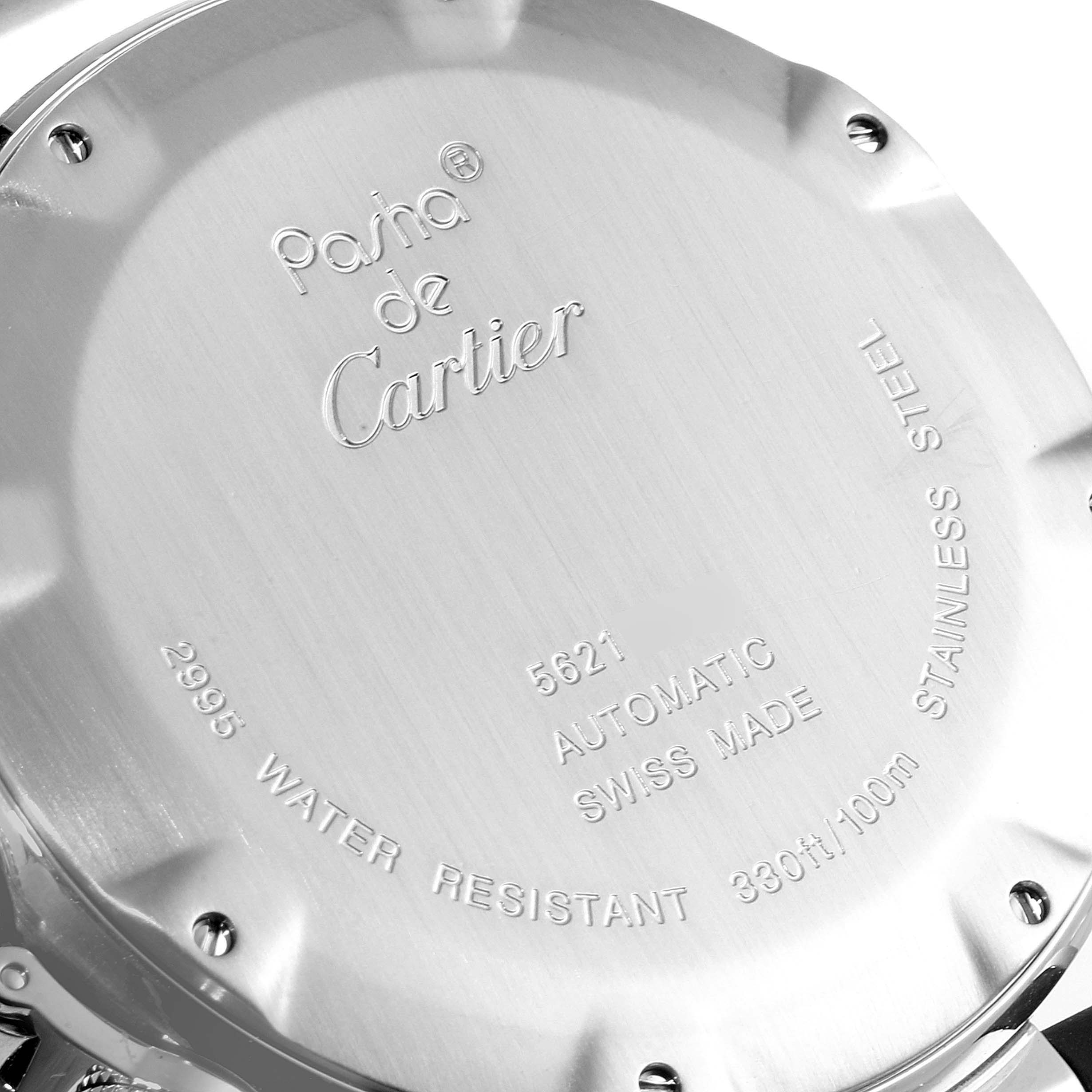 This image shows the back case of a Cartier Pasha W31088U2 Men
s Stainless Steel Black Dial W31088U2 Men
s Stainless Steel Black Dial watch, detailing specifications like model number and water resistance.