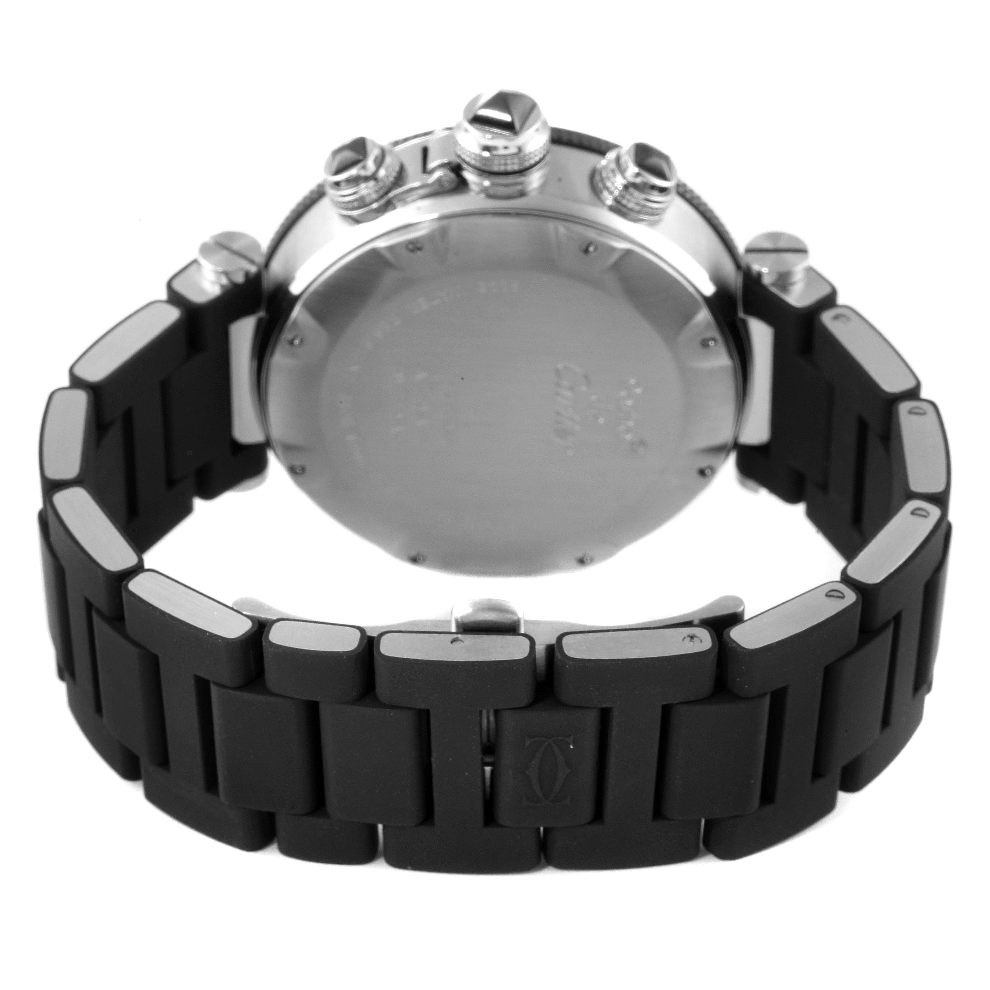 The image shows the back case and black bracelet of the Cartier Pasha W31088U2 Men
s Stainless Steel Black Dial W31088U2 Men
s Stainless Steel Black Dial watch, highlighting its crown and chronograph pushers.
