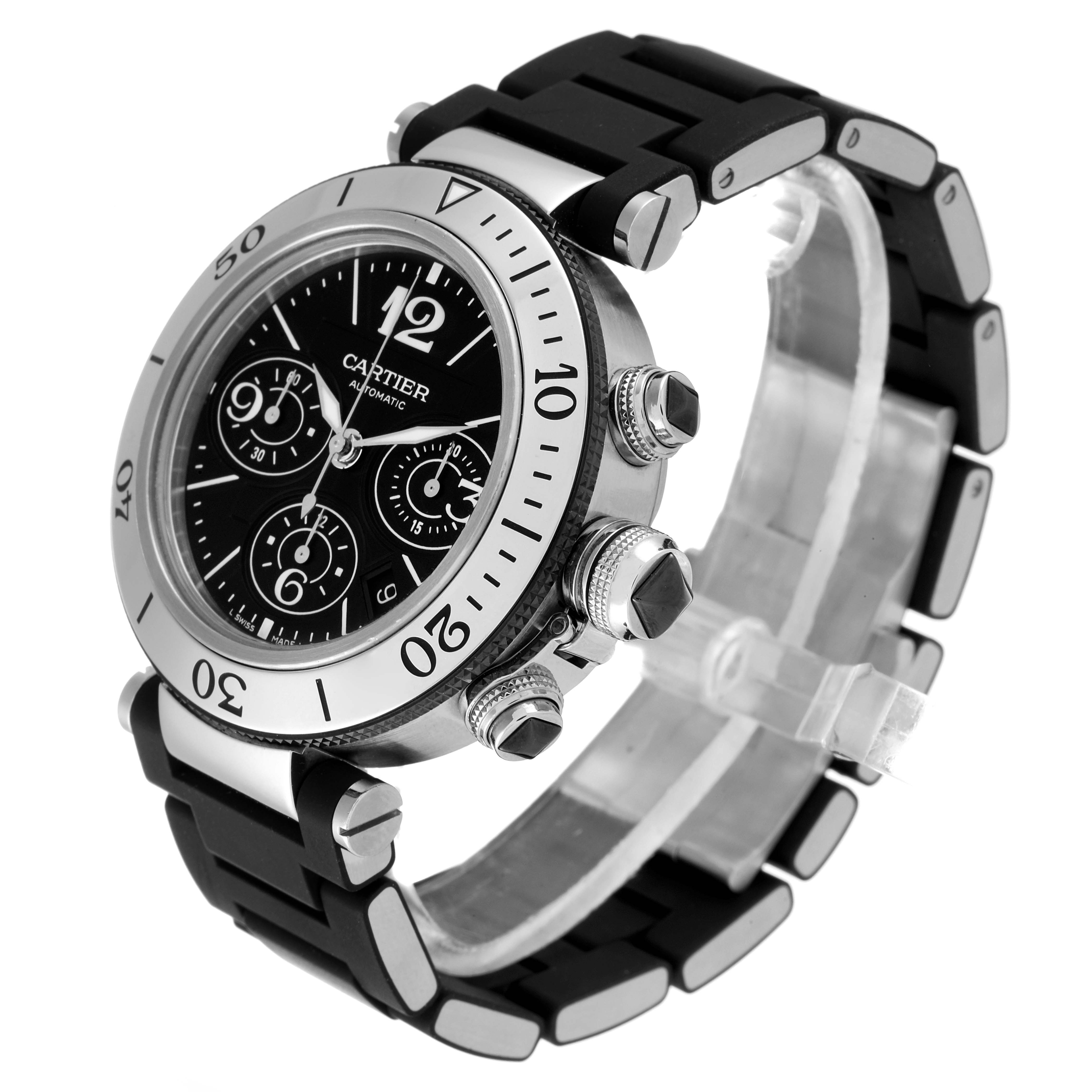 The Cartier Pasha W31088U2 Men
s Stainless Steel Black Dial W31088U2 Men
s Stainless Steel Black Dial watch is shown from a front angled view featuring its bezel, dial, chronograph subdials, and bracelet.