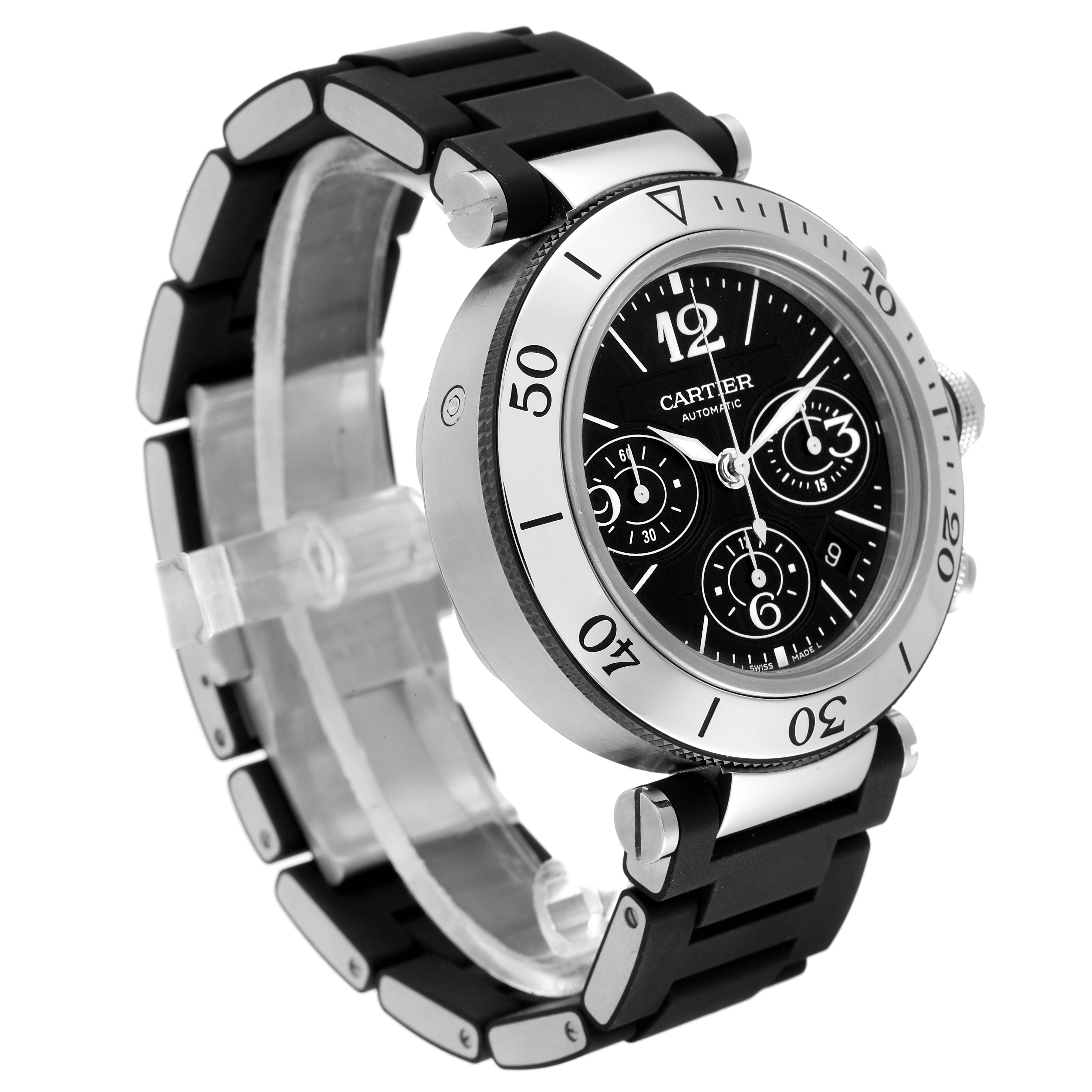 The Cartier Pasha W31088U2 Men
s Stainless Steel Black Dial W31088U2 Men
s Stainless Steel Black Dial watch is shown at an angle, displaying the face, bezel, crown, and strap.