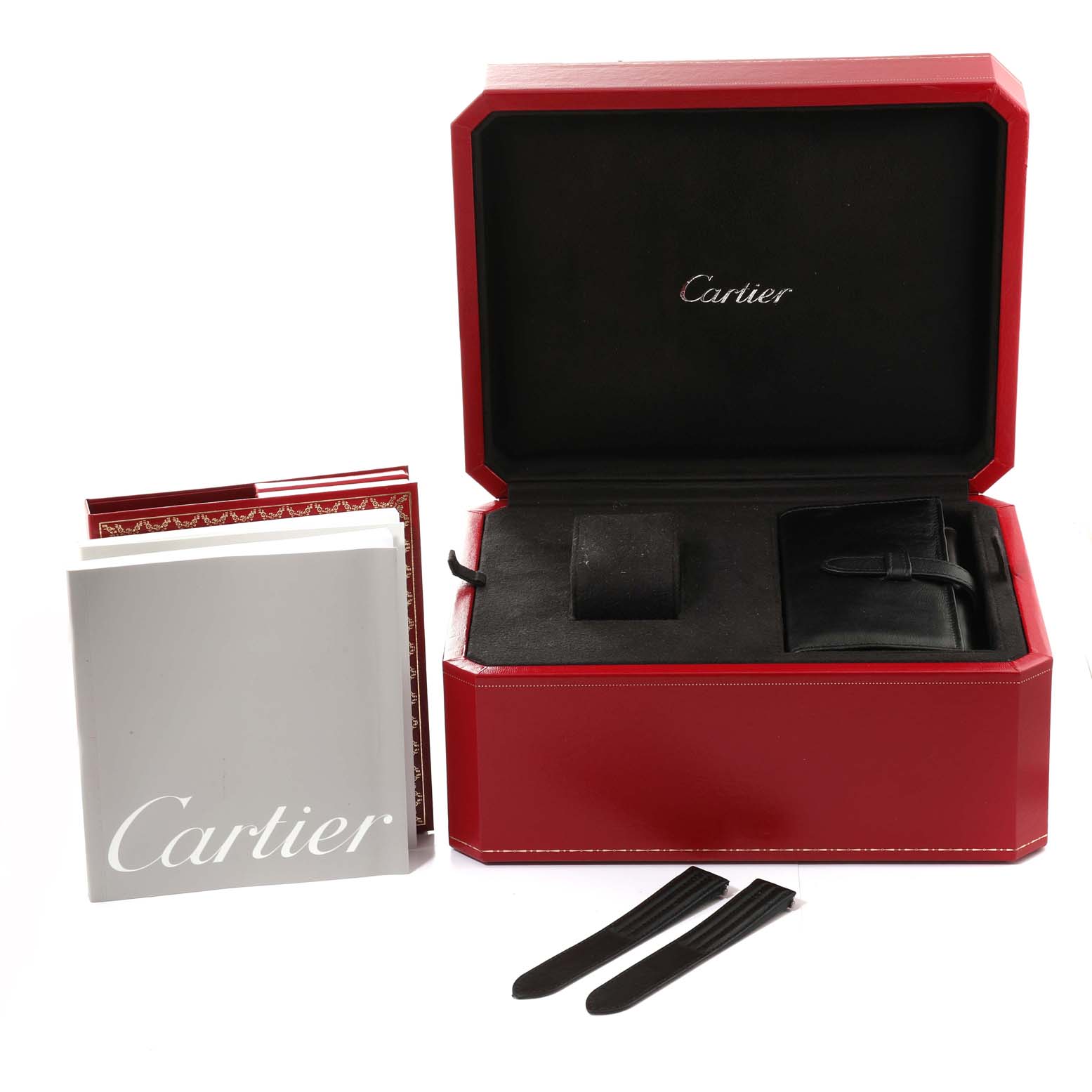 This image shows the packaging, manuals, and accessories of the Cartier Roadster W62000V3 Men's Stainless Steel Silver Dial W62000V3 Men's Stainless Steel Silver Dial watch.