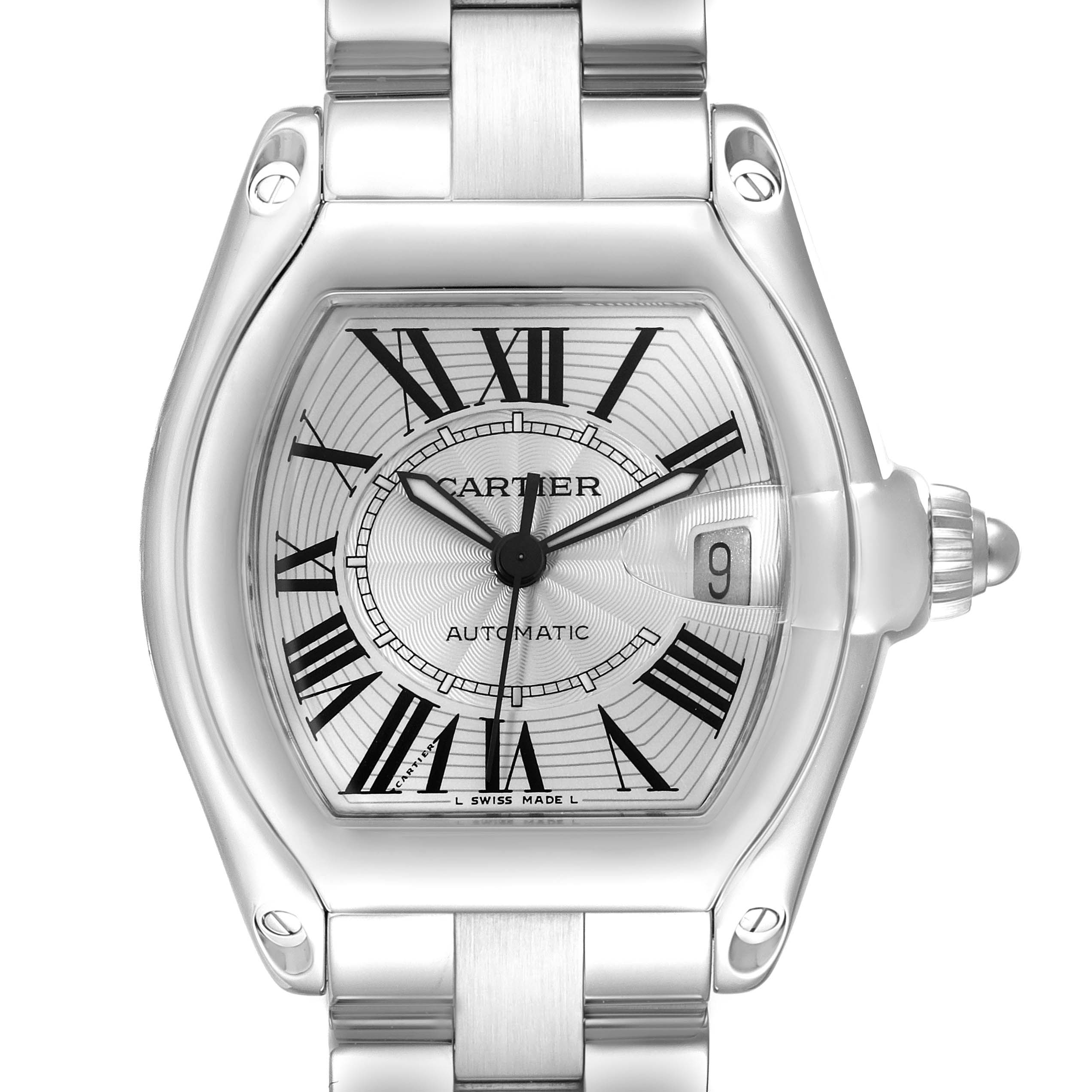 The image shows a front view of the Cartier Roadster W62000V3 Men's Stainless Steel Silver Dial W62000V3 Men's Stainless Steel Silver Dial watch, highlighting the dial, case, and part of the bracelet.