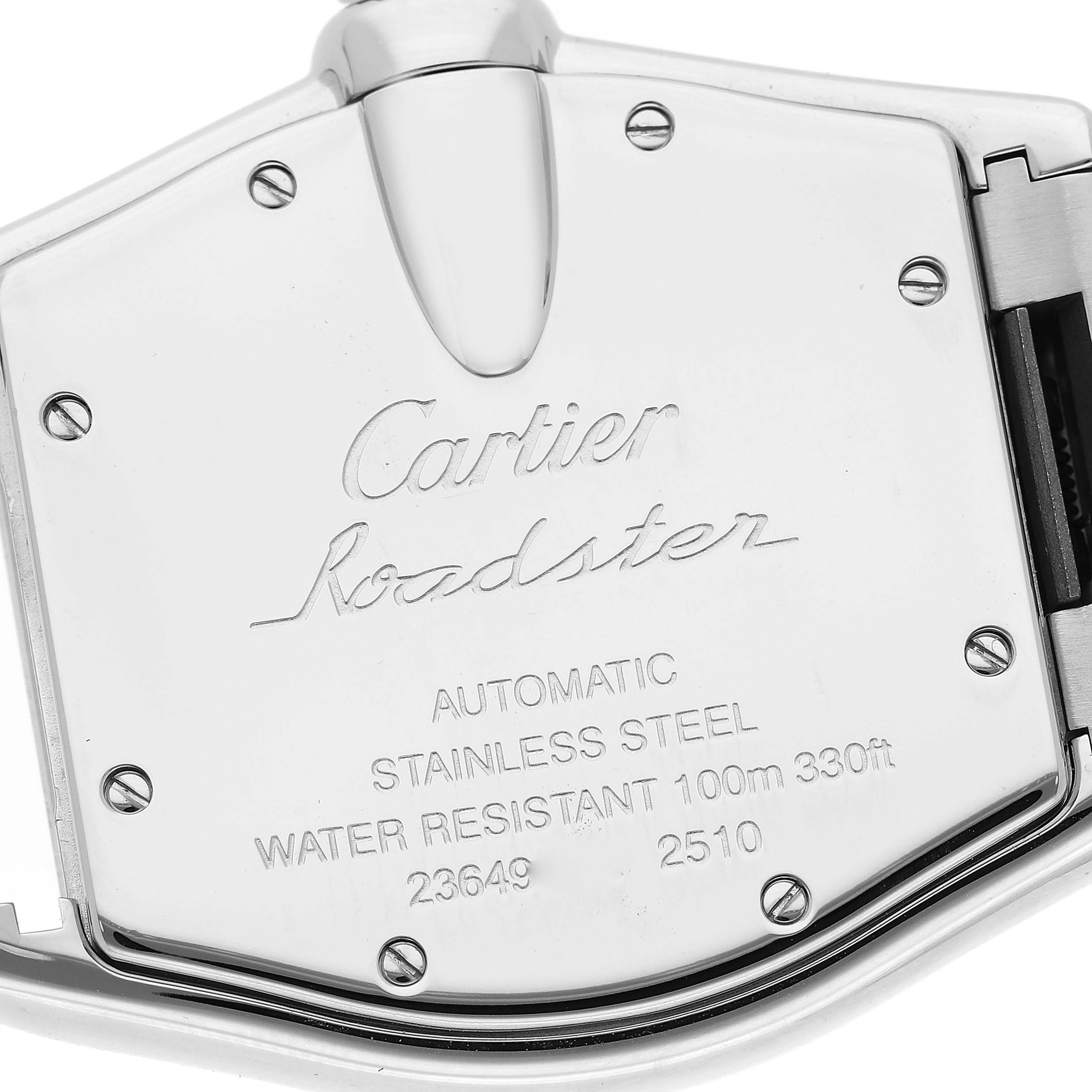 The image shows the back case of a Cartier Roadster W62000V3 Men's Stainless Steel Silver Dial W62000V3 Men's Stainless Steel Silver Dial watch, displaying engravings and screws in a close-up shot.