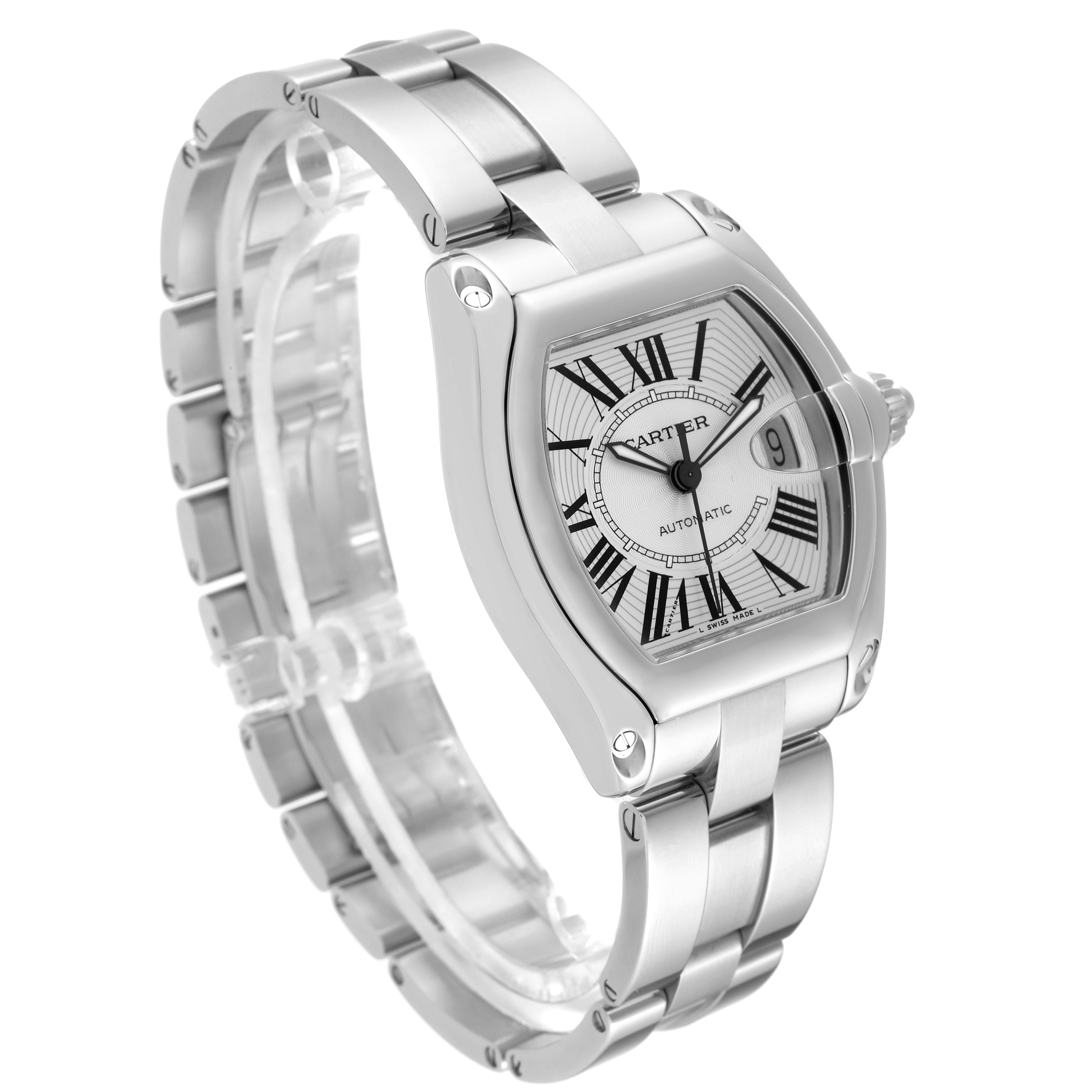 The image shows the front and side of a Cartier Roadster W62000V3 Men's Stainless Steel Silver Dial W62000V3 Men's Stainless Steel Silver Dial watch, featuring its face, bezel, and bracelet.
