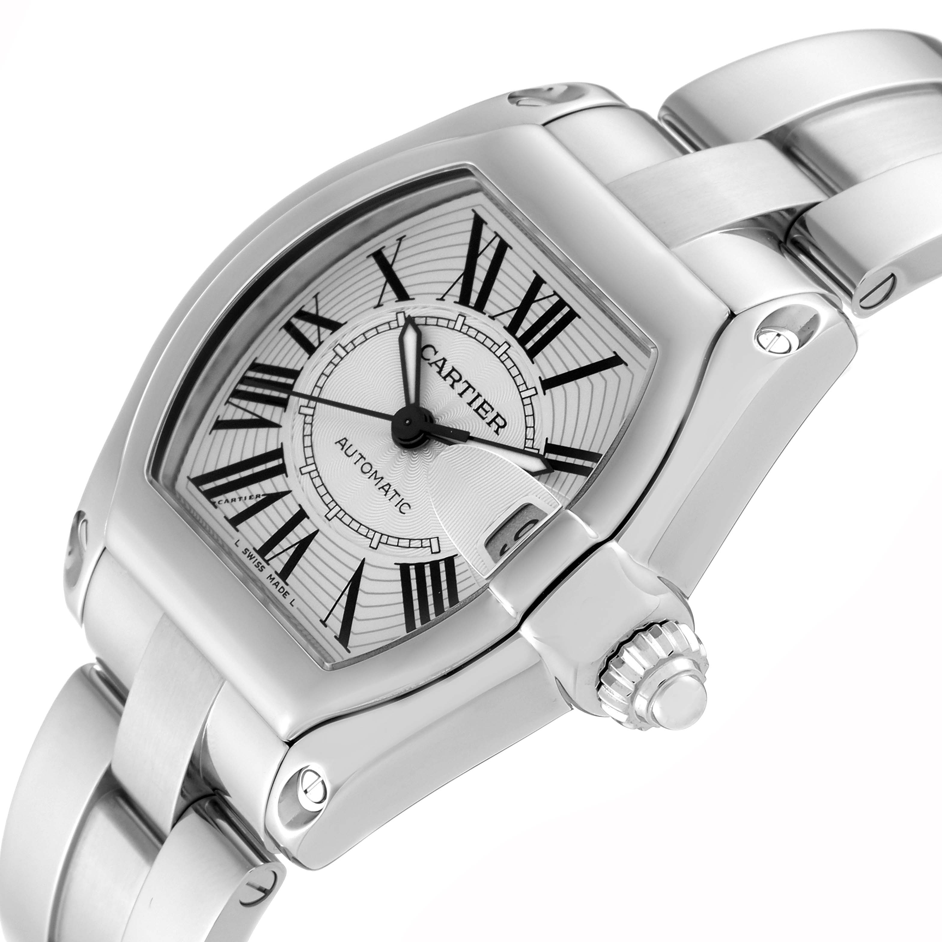 The Cartier Roadster W62000V3 Men's Stainless Steel Silver Dial W62000V3 Men's Stainless Steel Silver Dial watch is shown at an angled close-up, highlighting the dial, crown, and part of the bracelet.