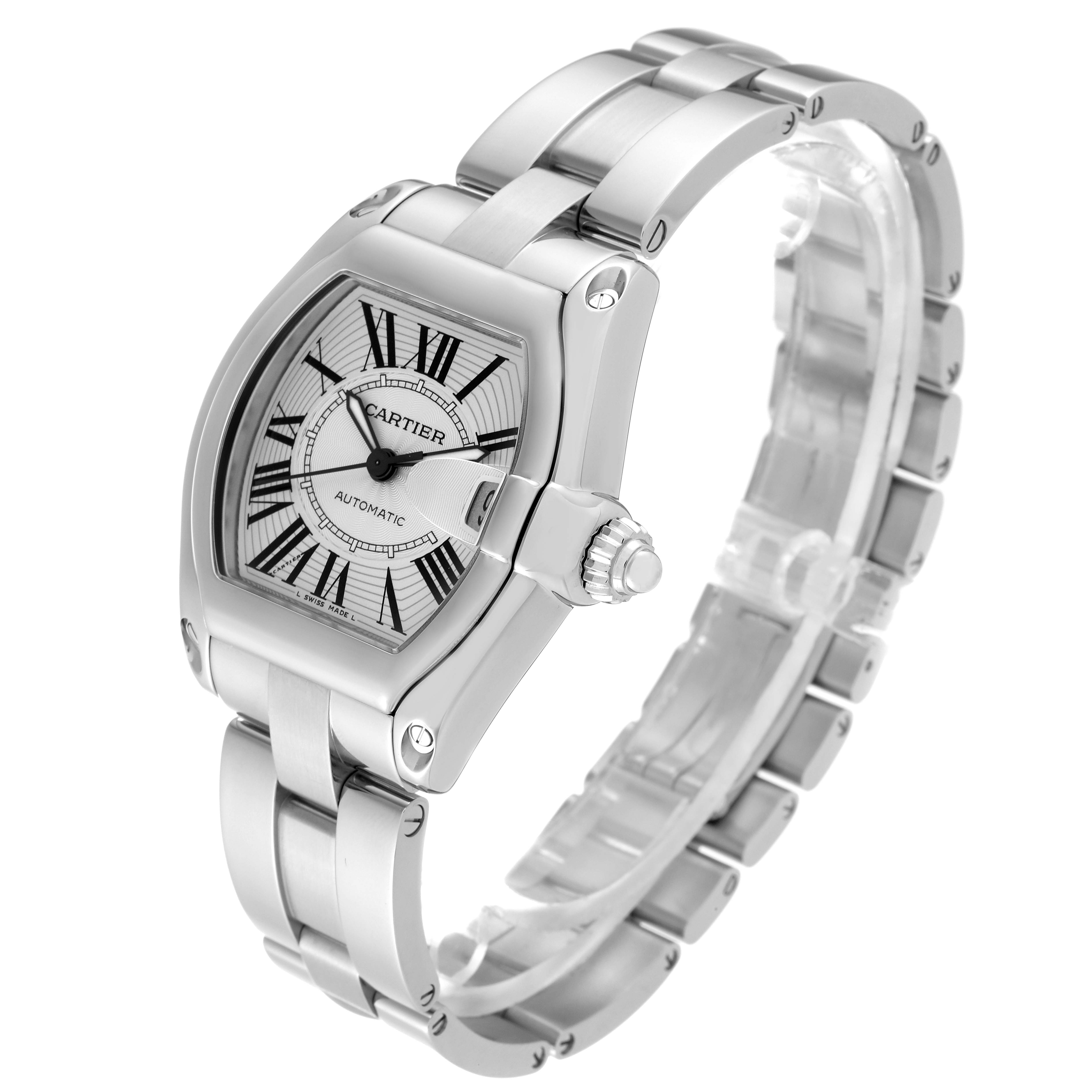 The Cartier Roadster W62000V3 Men's Stainless Steel Silver Dial W62000V3 Men's Stainless Steel Silver Dial watch is shown at an angled side view, showcasing the face, crown, and bracelet.