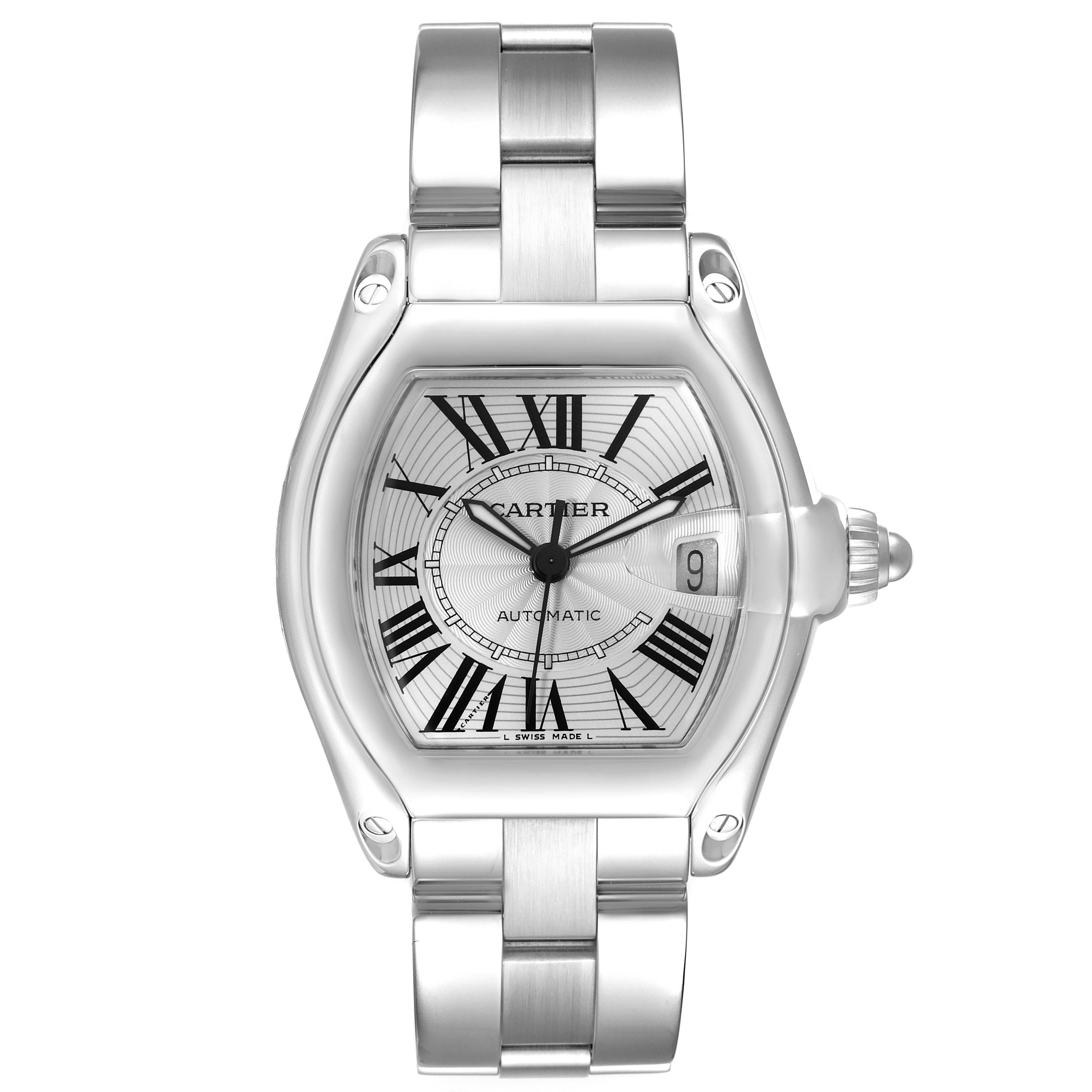 The Cartier Roadster W62000V3 Men's Stainless Steel Silver Dial W62000V3 Men's Stainless Steel Silver Dial watch is shown from a top-down view, highlighting its face, bezel, and stainless steel band.