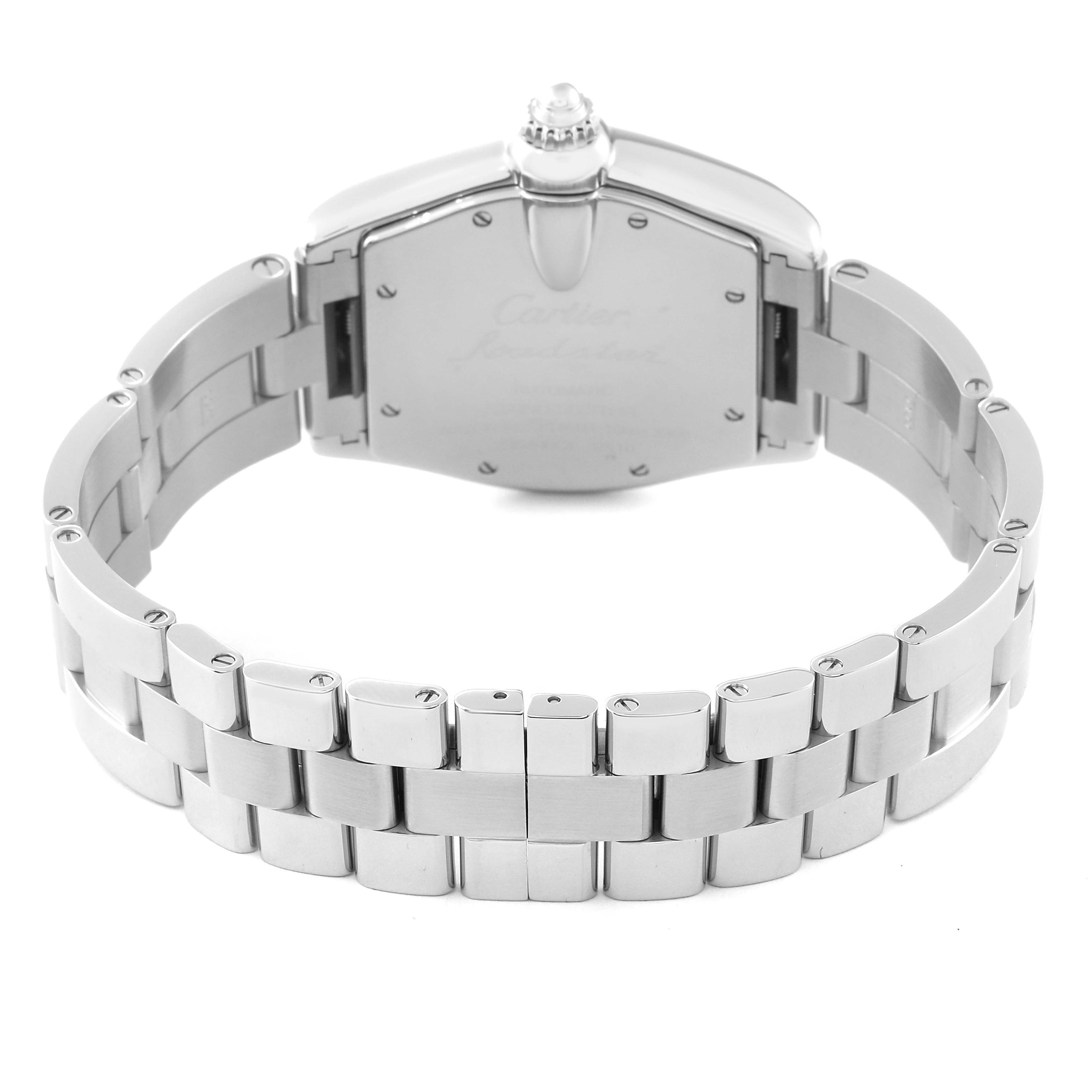 The image shows the back of the Cartier Roadster W62000V3 Men's Stainless Steel Silver Dial W62000V3 Men's Stainless Steel Silver Dial watch along with its metal bracelet.