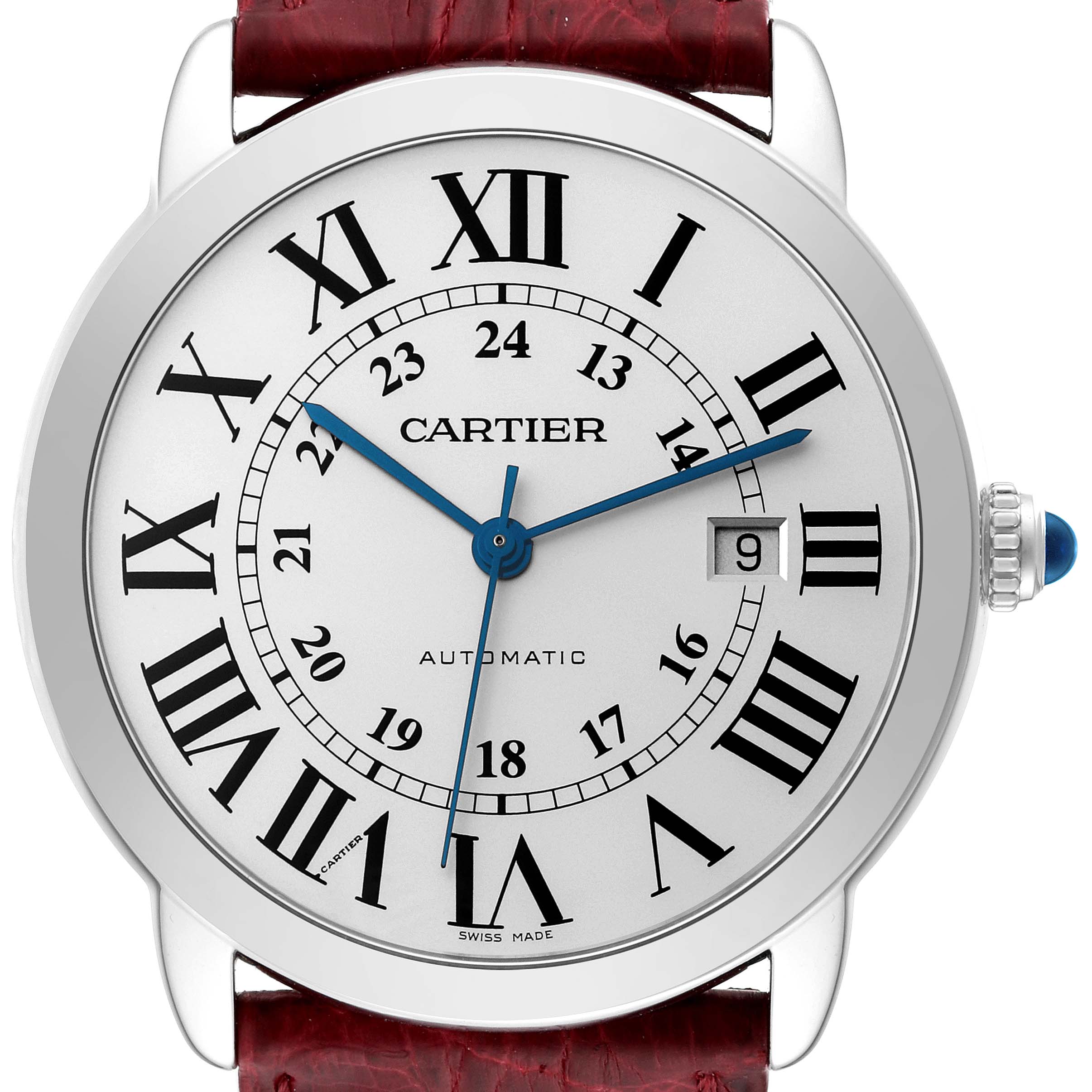 The Cartier Ronde W6701010 Men
s Stainless Steel Silver Dial W6701010 Men
s Stainless Steel Silver Dial watch is shown from a front angle, displaying the dial, hour markers, hands, date window, and part of the strap.