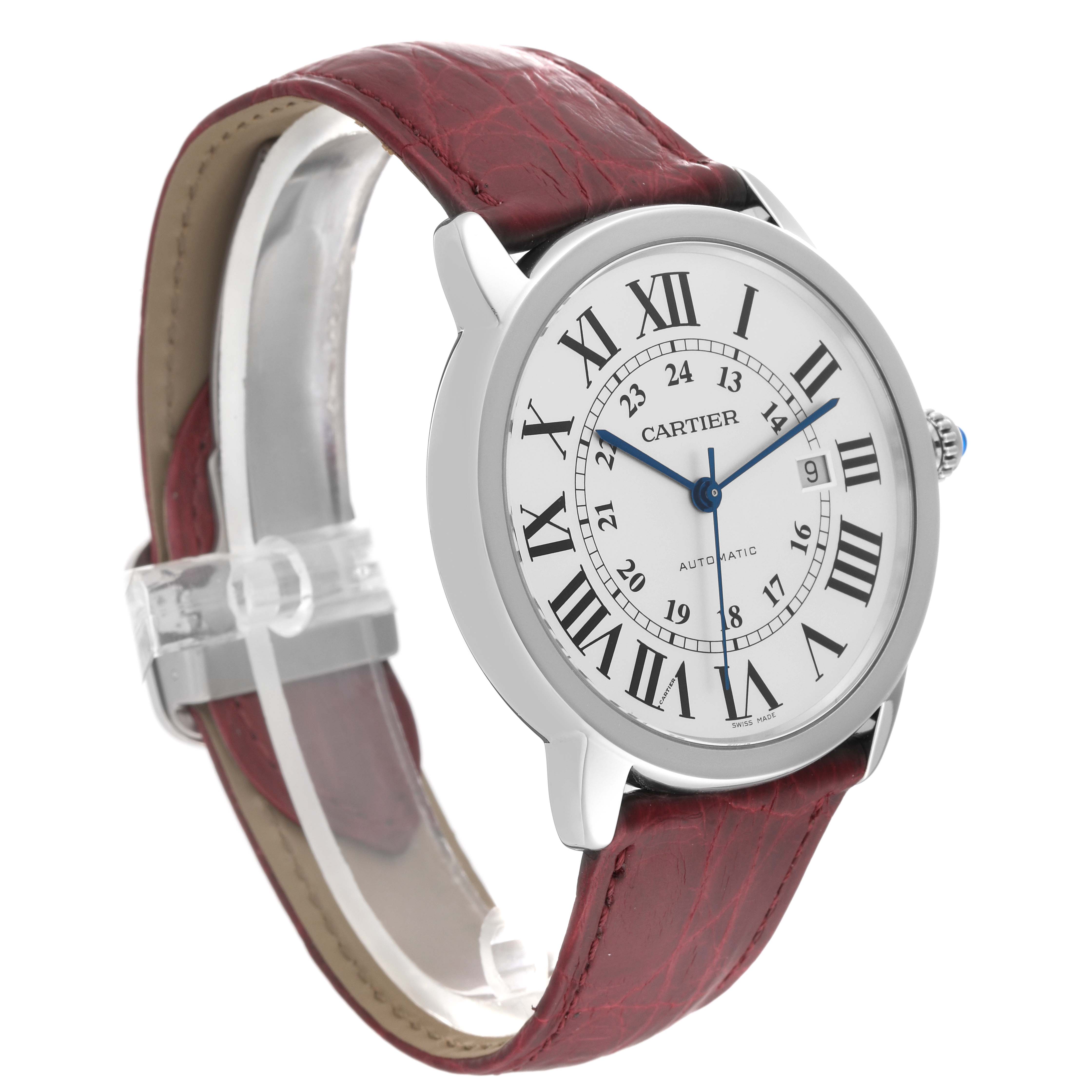 The Cartier Ronde W6701010 Men
s Stainless Steel Silver Dial W6701010 Men
s Stainless Steel Silver Dial model is shown at a three-quarter angle, displaying the face and red leather strap.