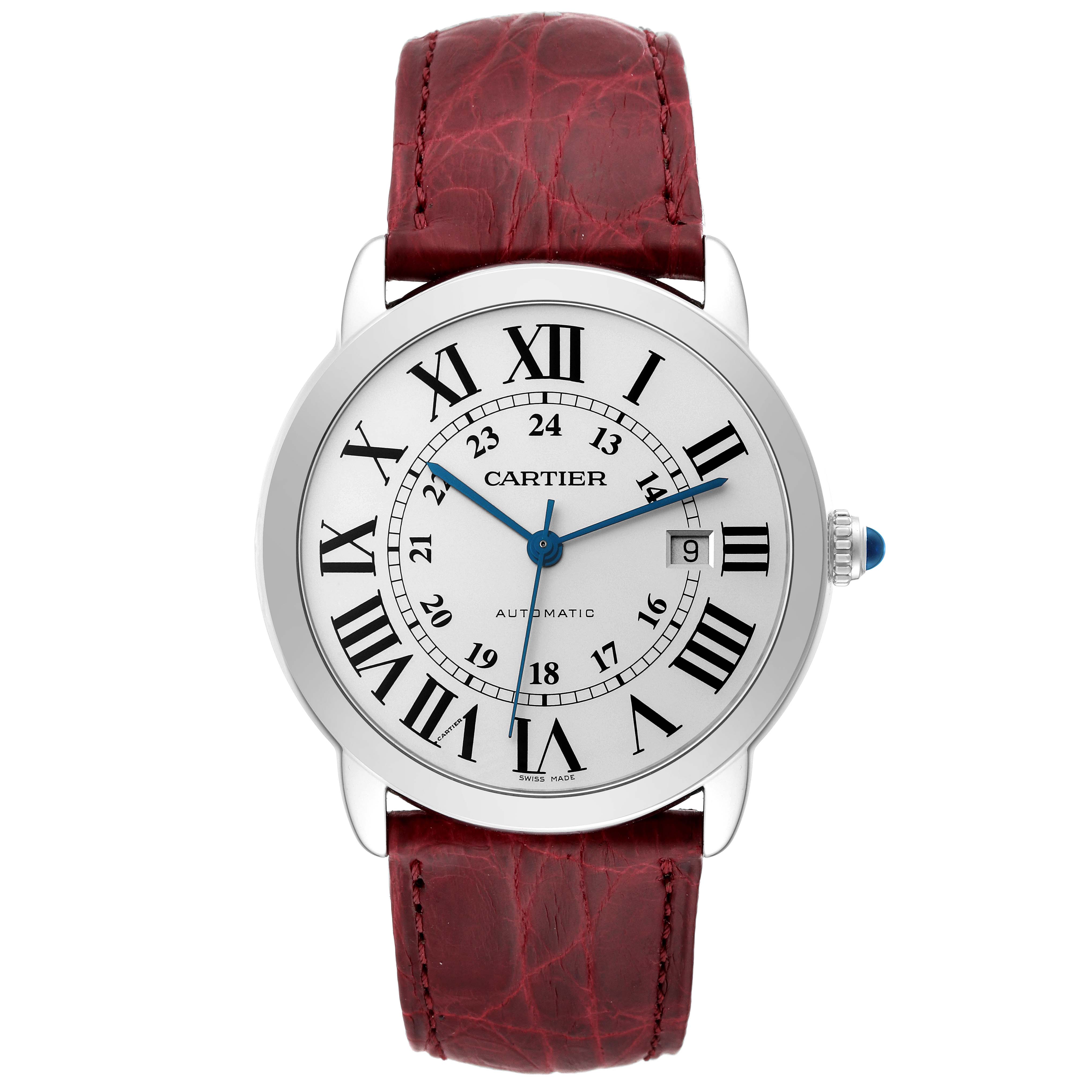 The image shows a front view of a Cartier Ronde W6701010 Men
s Stainless Steel Silver Dial W6701010 Men
s Stainless Steel Silver Dial model watch with a red leather strap and Roman numerals on the dial.