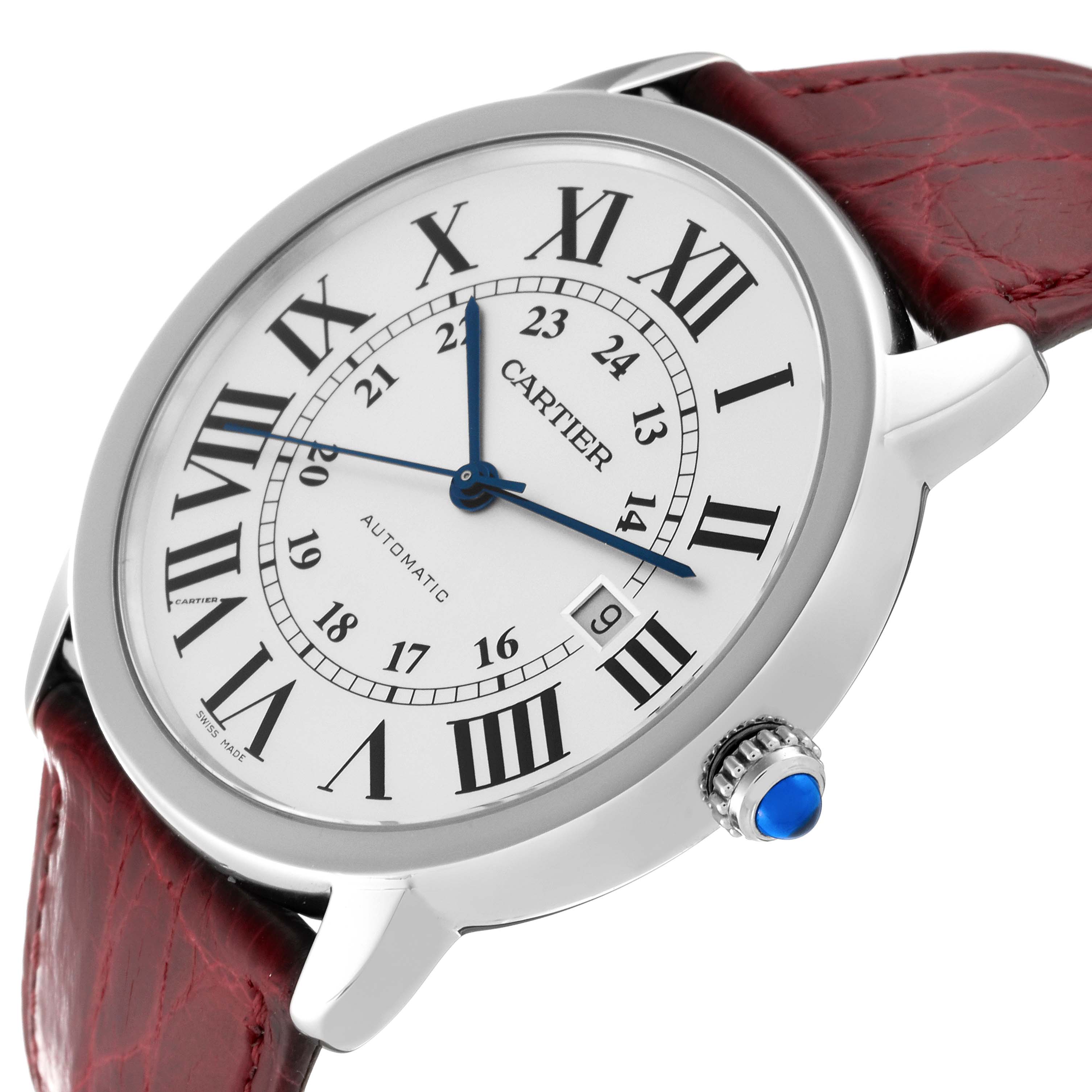 The Cartier Ronde W6701010 Men
s Stainless Steel Silver Dial W6701010 Men
s Stainless Steel Silver Dial watch is shown at a slight angle, highlighting its dial, Roman numeral indices, blue hands, and red leather strap.