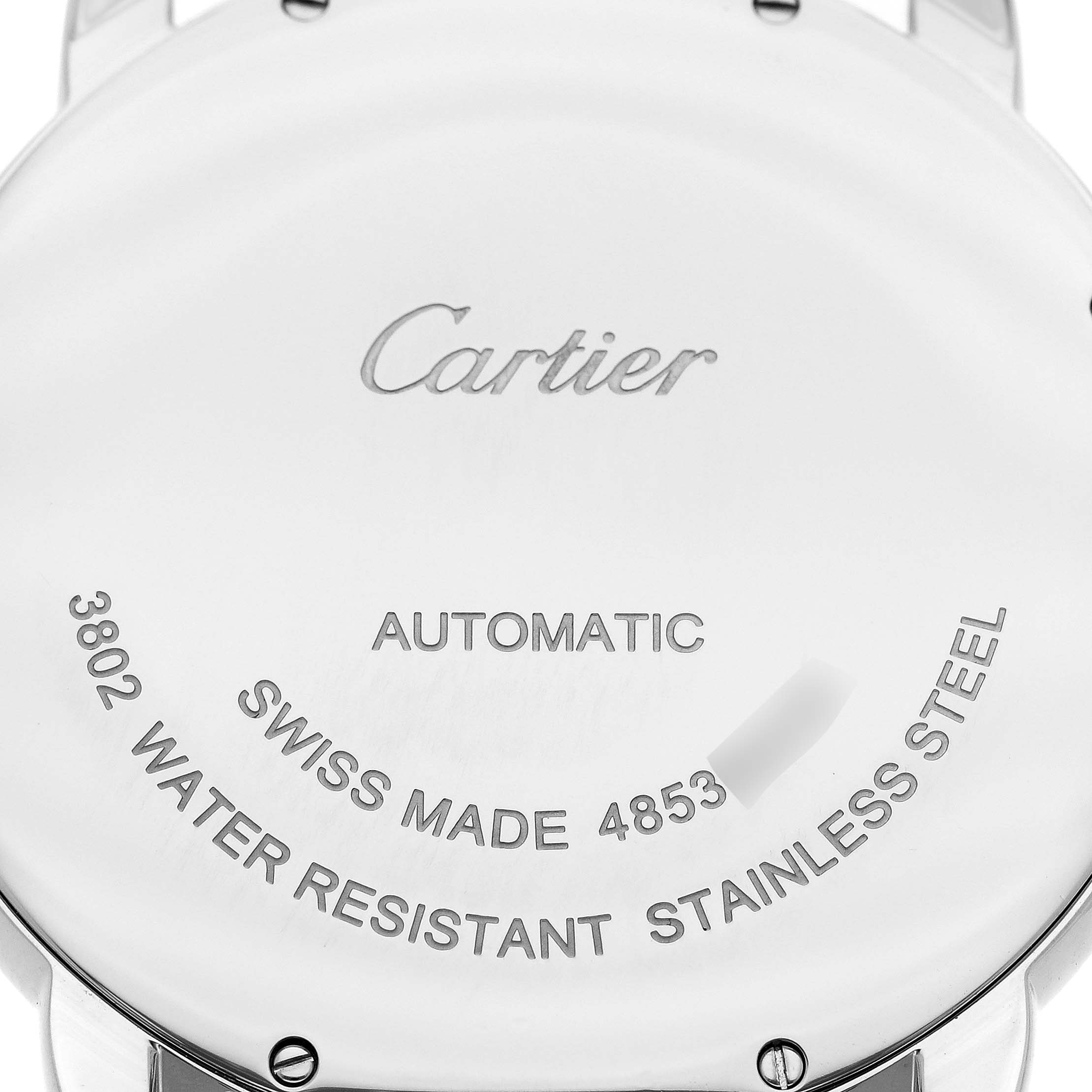The image shows the back of the Cartier Ronde W6701010 Men
s Stainless Steel Silver Dial W6701010 Men
s Stainless Steel Silver Dial model watch, highlighting its inscriptions and material details.