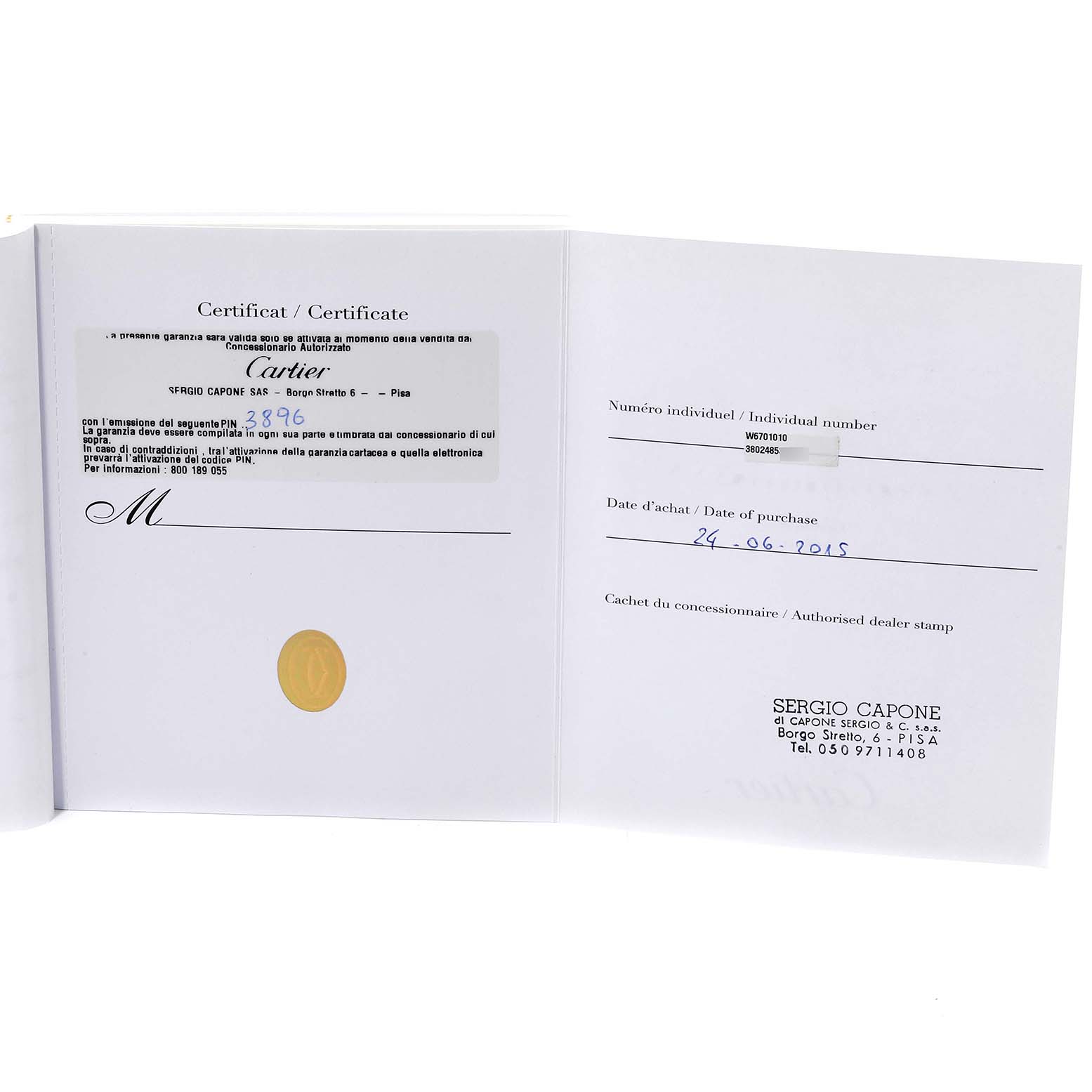 The image shows the warranty certificate and purchase information for a Cartier Ronde W6701010 Men
s Stainless Steel Silver Dial W6701010 Men
s Stainless Steel Silver Dial model watch.