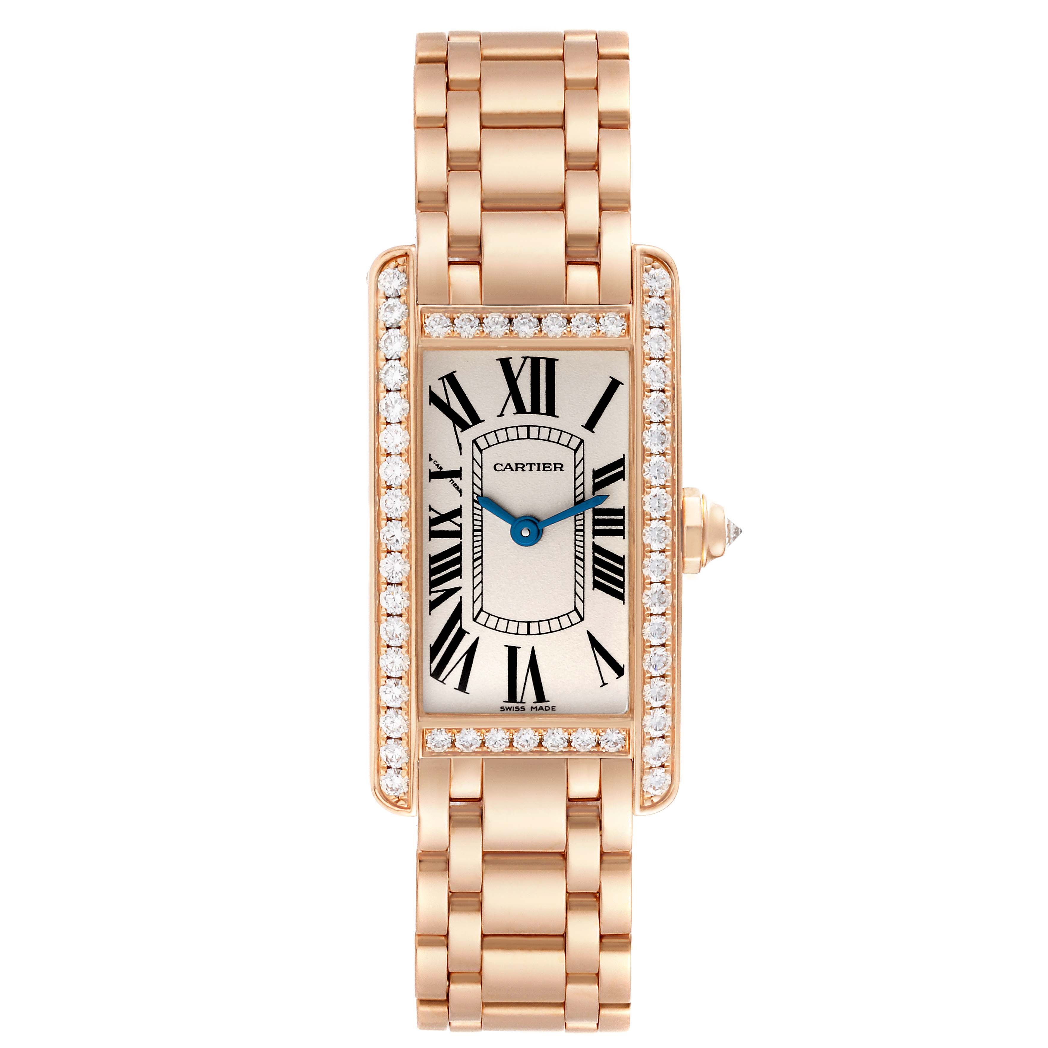 This image shows a top view of the Cartier Tank Americaine WB7079M5 Women's Rose Gold Silver Dial WB7079M5 Women's Rose Gold Silver Dial watch, highlighting its rectangular dial, bracelet, and diamond-encrusted bezel.