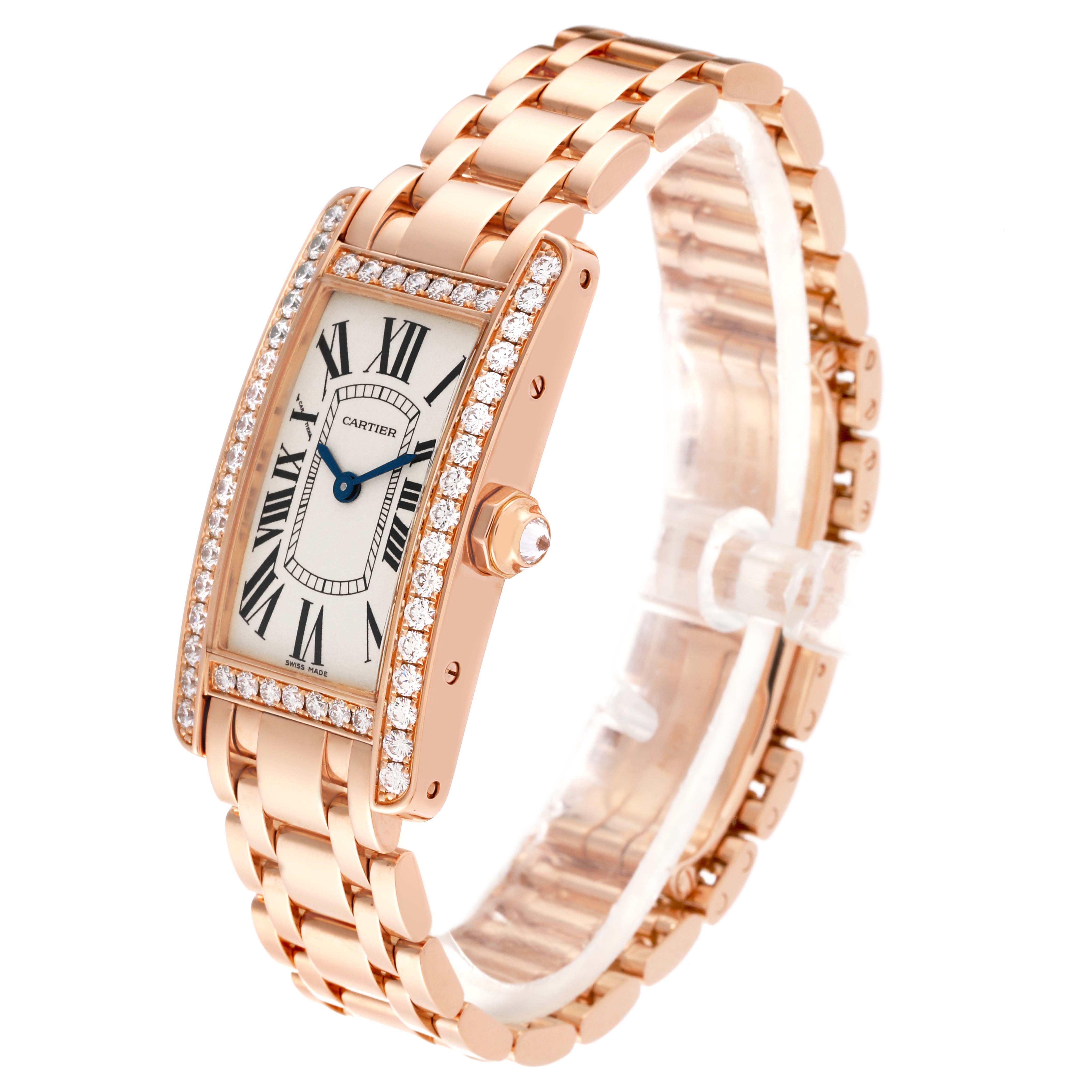 This image shows a Cartier Tank Americaine WB7079M5 Women's Rose Gold Silver Dial WB7079M5 Women's Rose Gold Silver Dial watch from a front-left angle, highlighting the face and bracelet.