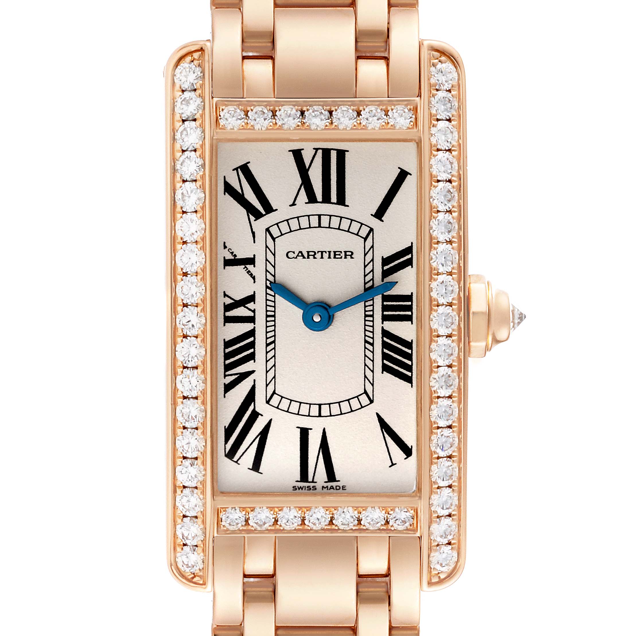 The Cartier Tank Americaine WB7079M5 Women's Rose Gold Silver Dial WB7079M5 Women's Rose Gold Silver Dial watch is shown from the front, highlighting its rectangular face, Roman numerals, blue hands, and diamond border.