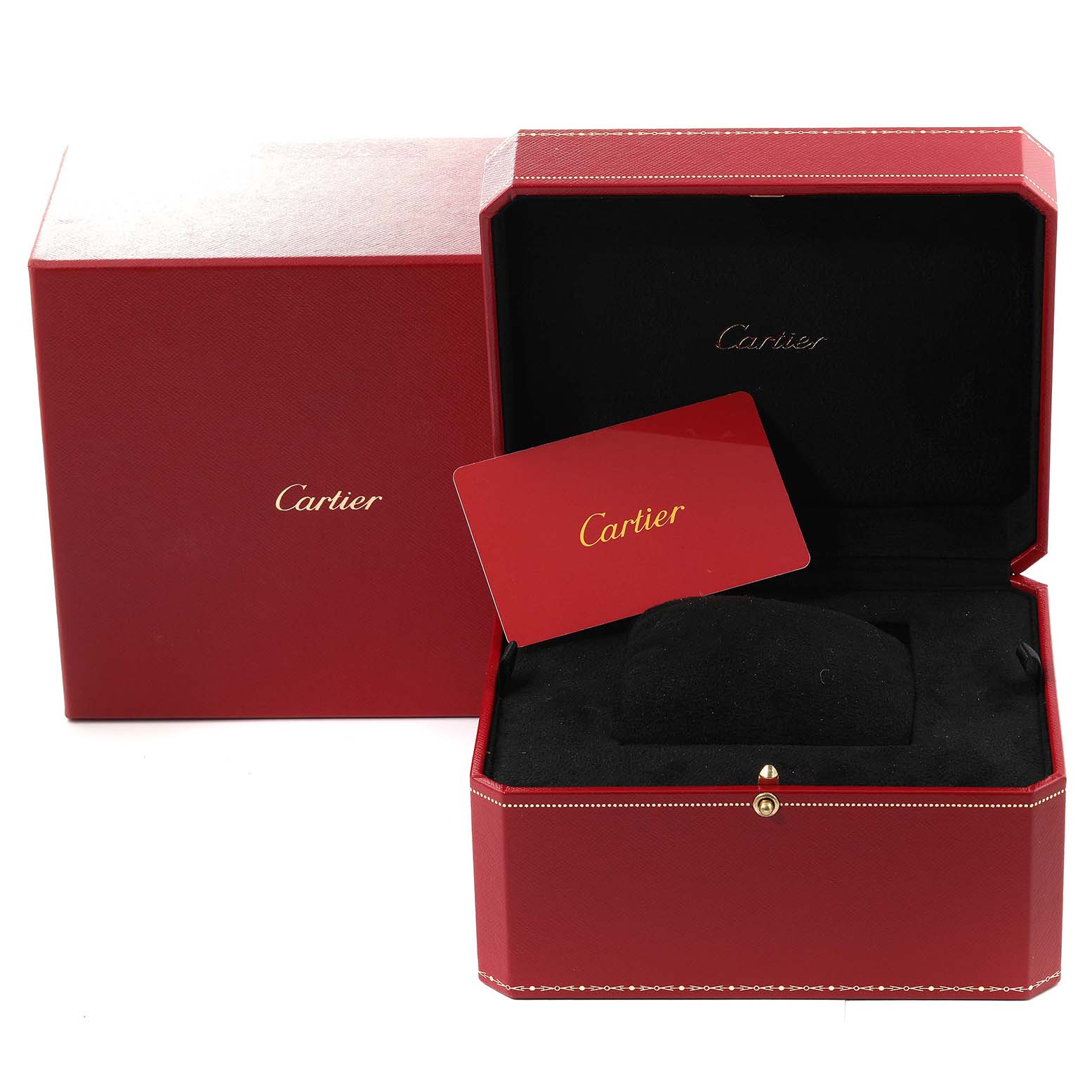 The image shows the packaging and accessories for the Cartier Tank Americaine WB7079M5 Women's Rose Gold Silver Dial WB7079M5 Women's Rose Gold Silver Dial, including the outer box, inner case, and a red card.