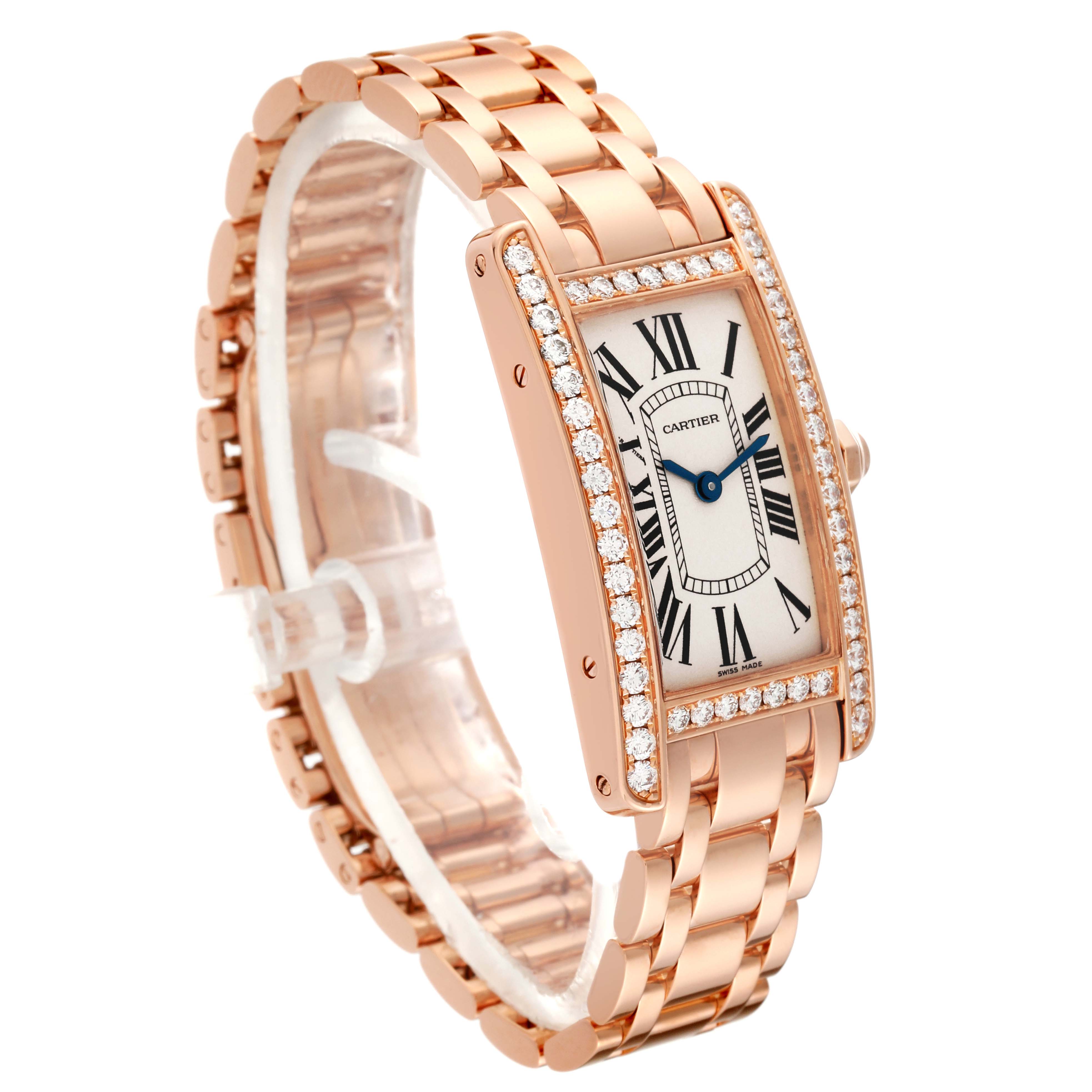 This Cartier Tank Americaine WB7079M5 Women's Rose Gold Silver Dial WB7079M5 Women's Rose Gold Silver Dial watch is shown at a slight angle, displaying its face, bracelet, and diamond-encrusted bezel.