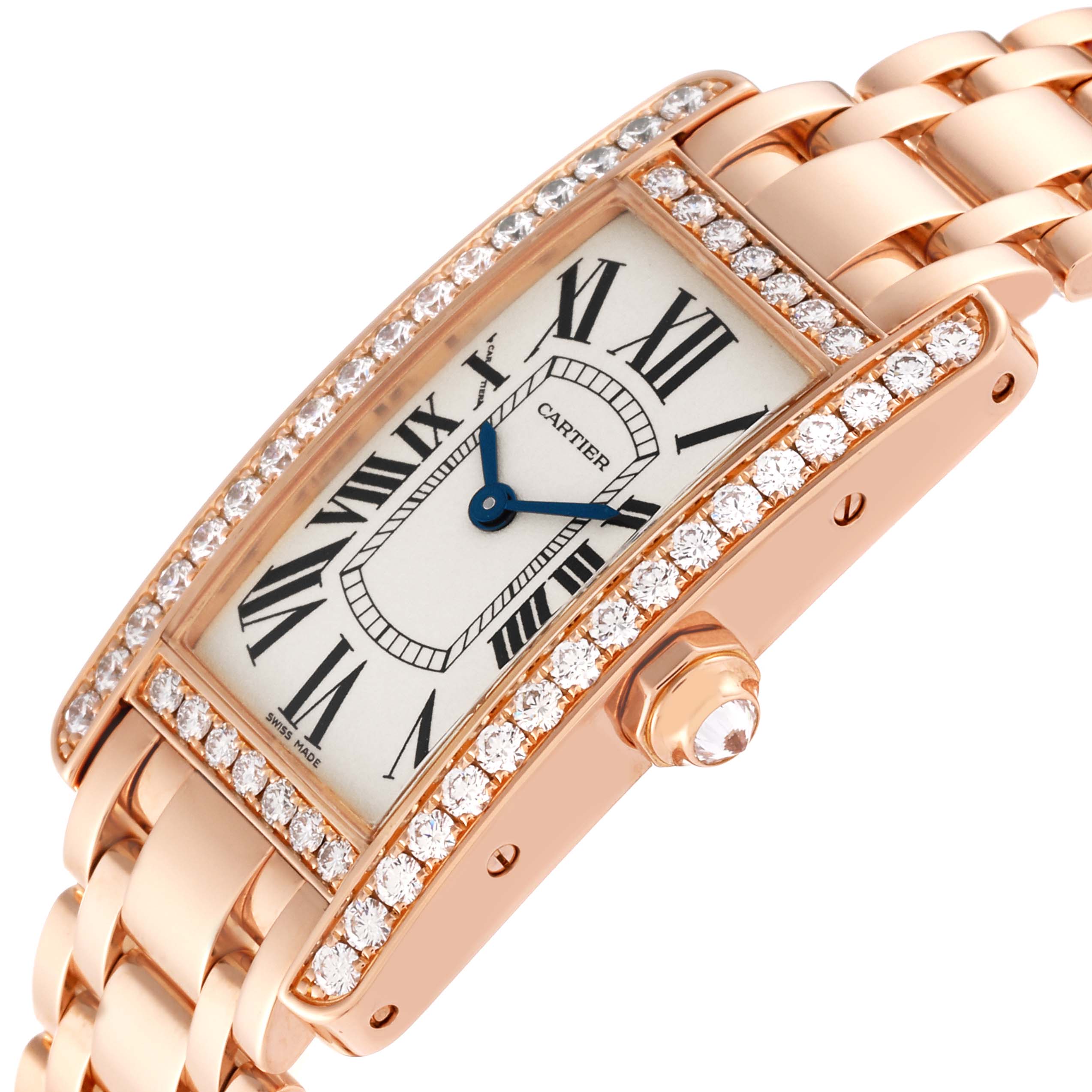 The image shows a Cartier Tank Americaine WB7079M5 Women's Rose Gold Silver Dial WB7079M5 Women's Rose Gold Silver Dial watch at a side angle, highlighting the diamond-studded bezel and bracelet.