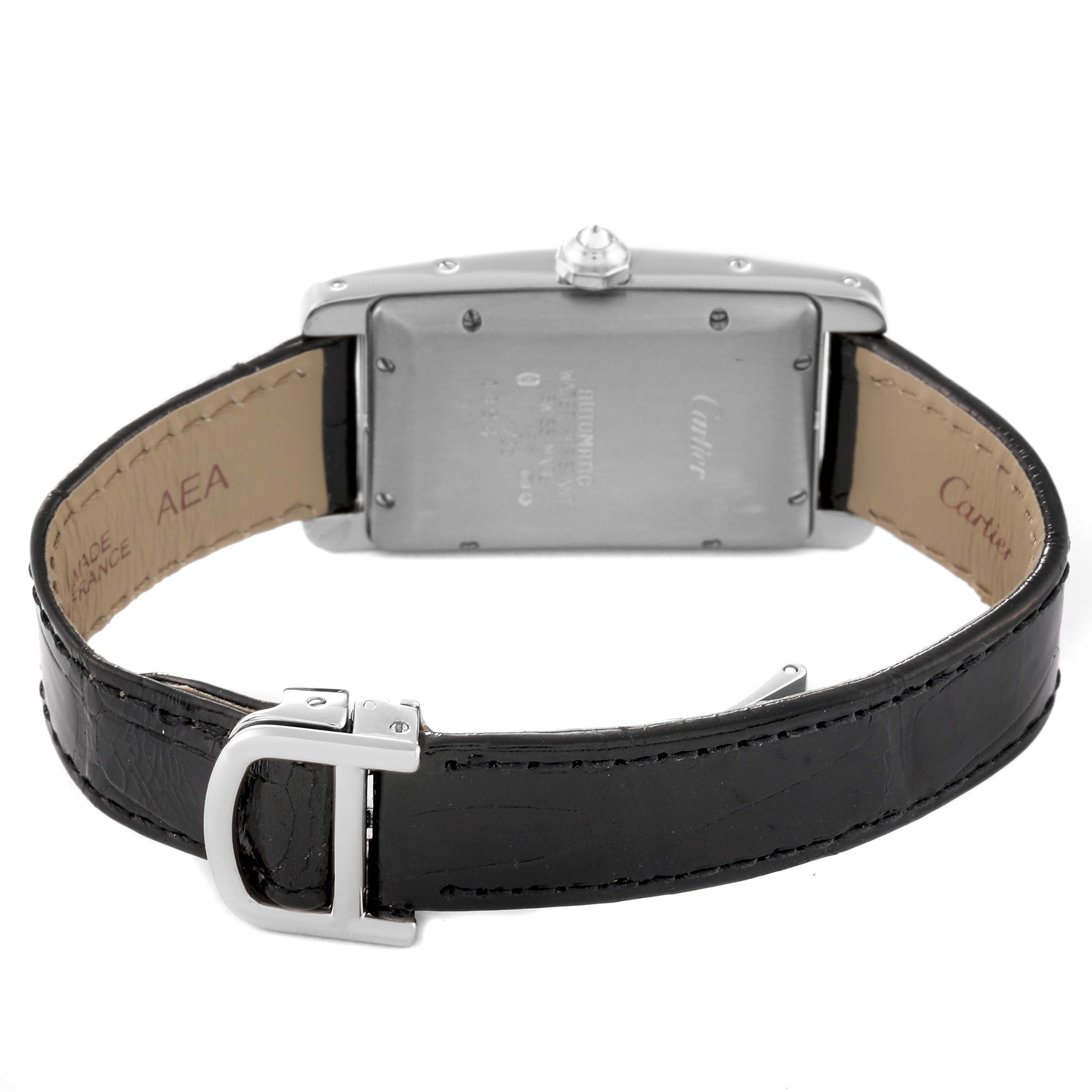 The image shows the back view of the Cartier Tank Americaine WB702651 Women
s White Gold Silver Dial WB702651 Women
s White Gold Silver Dial watch, displaying its case and leather strap.