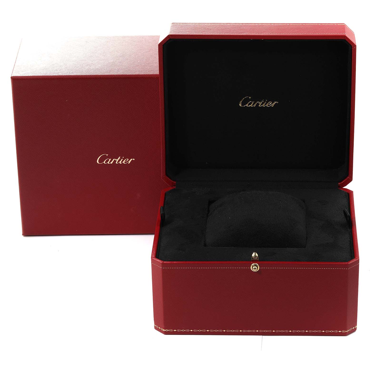 This image shows an open Cartier Tank Americaine WB702651 Women
s White Gold Silver Dial WB702651 Women
s White Gold Silver Dial watch box from a front angle, along with its lid and a red outer box.