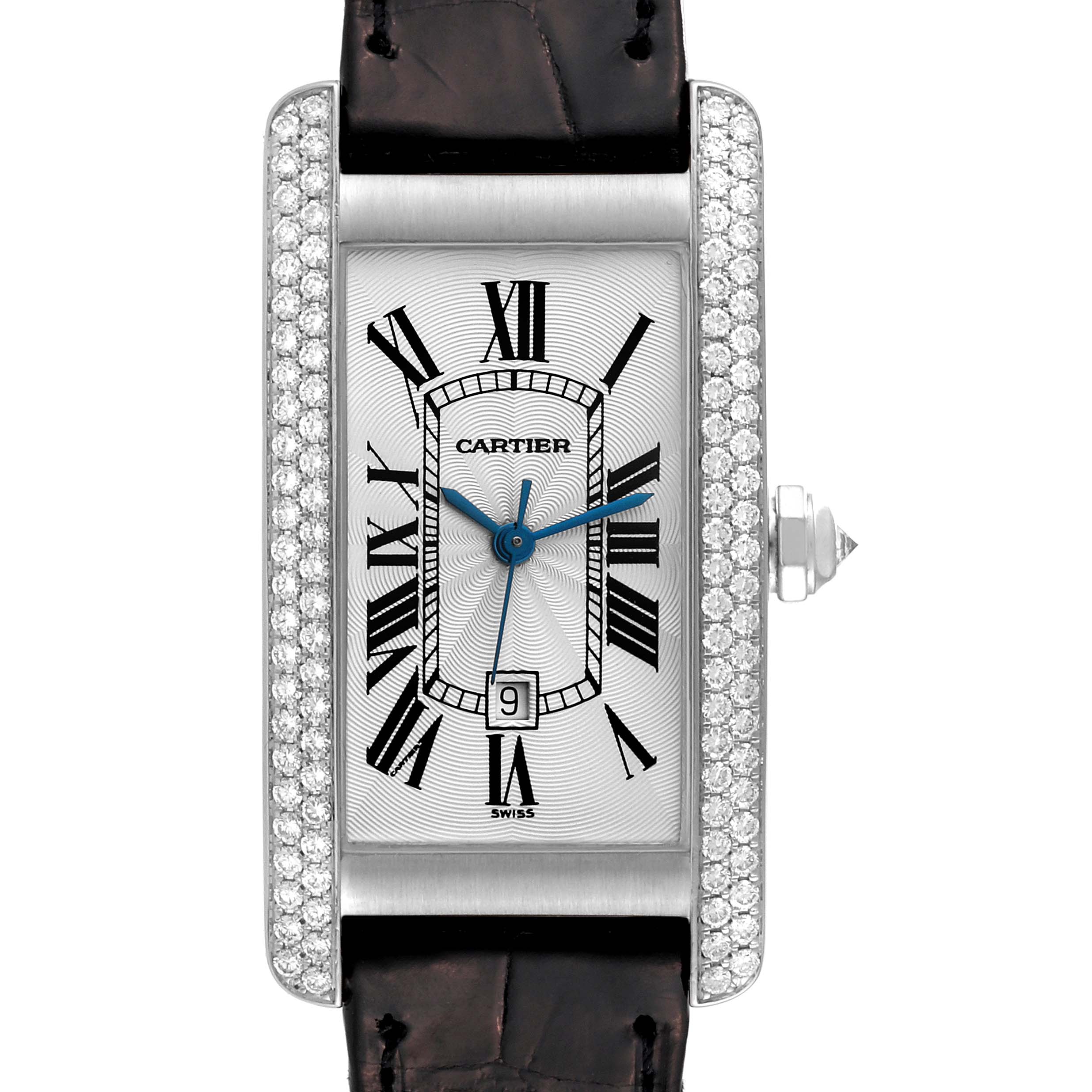 The Cartier Tank Américaine watch is shown from the front, displaying the face, diamonds on the bezel, and part of the strap.