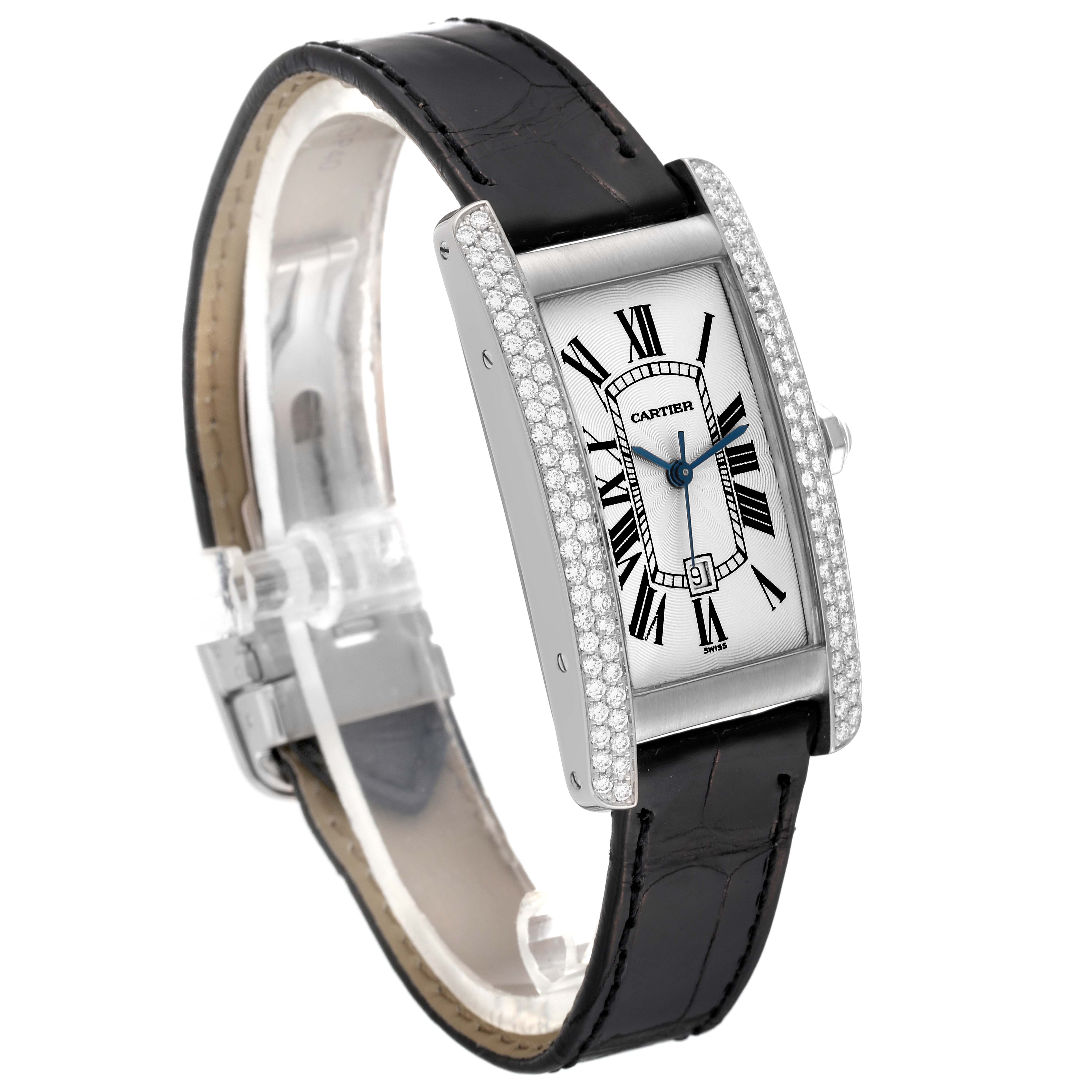 The image shows a Cartier Tank Americaine WB702651 Women
s White Gold Silver Dial WB702651 Women
s White Gold Silver Dial watch from a three-quarter angle, displaying the watch face, crown, and black leather strap.