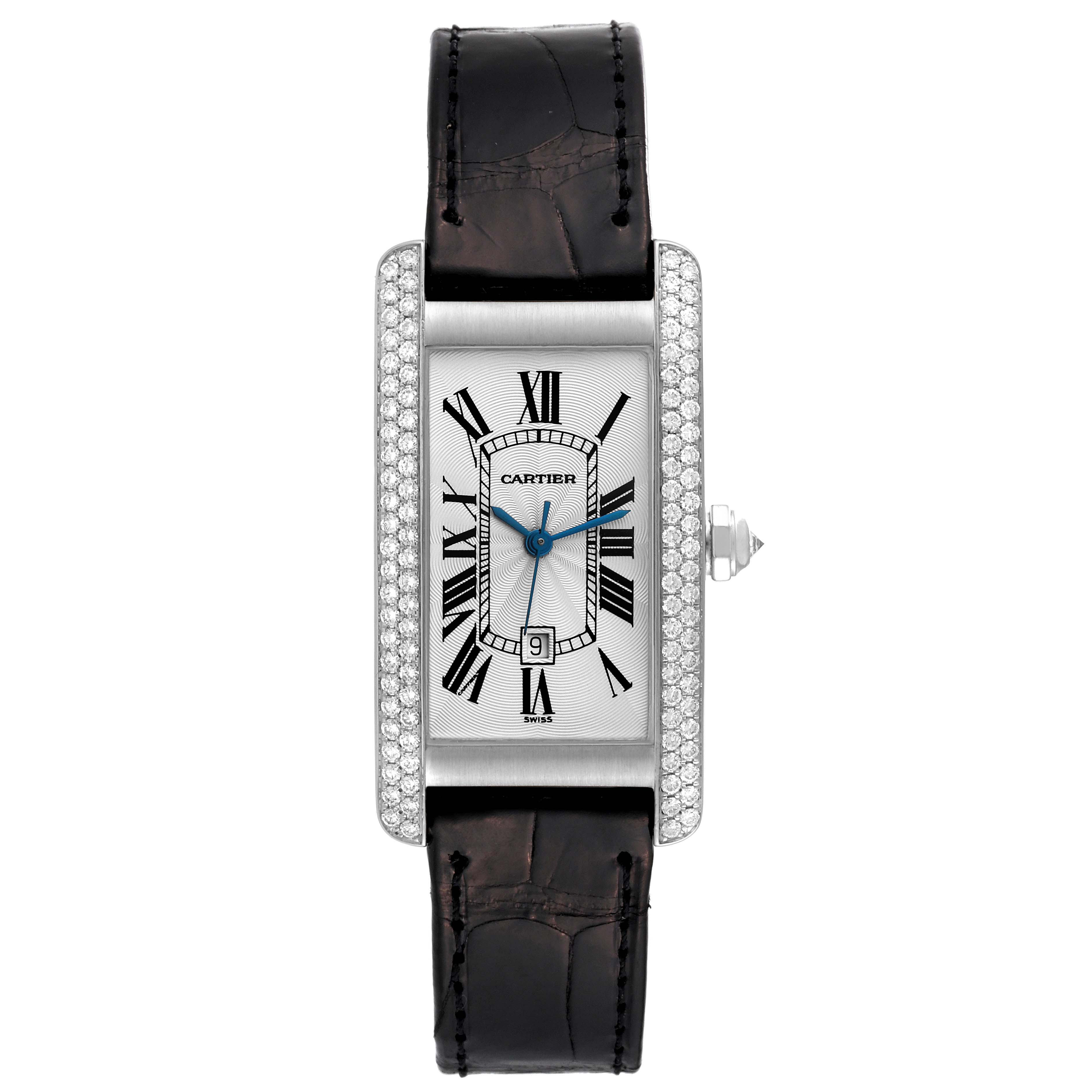 This image shows a front view of a Cartier Tank Americaine WB702651 Women
s White Gold Silver Dial WB702651 Women
s White Gold Silver Dial watch, highlighting its dial, diamond bezel, and leather strap.