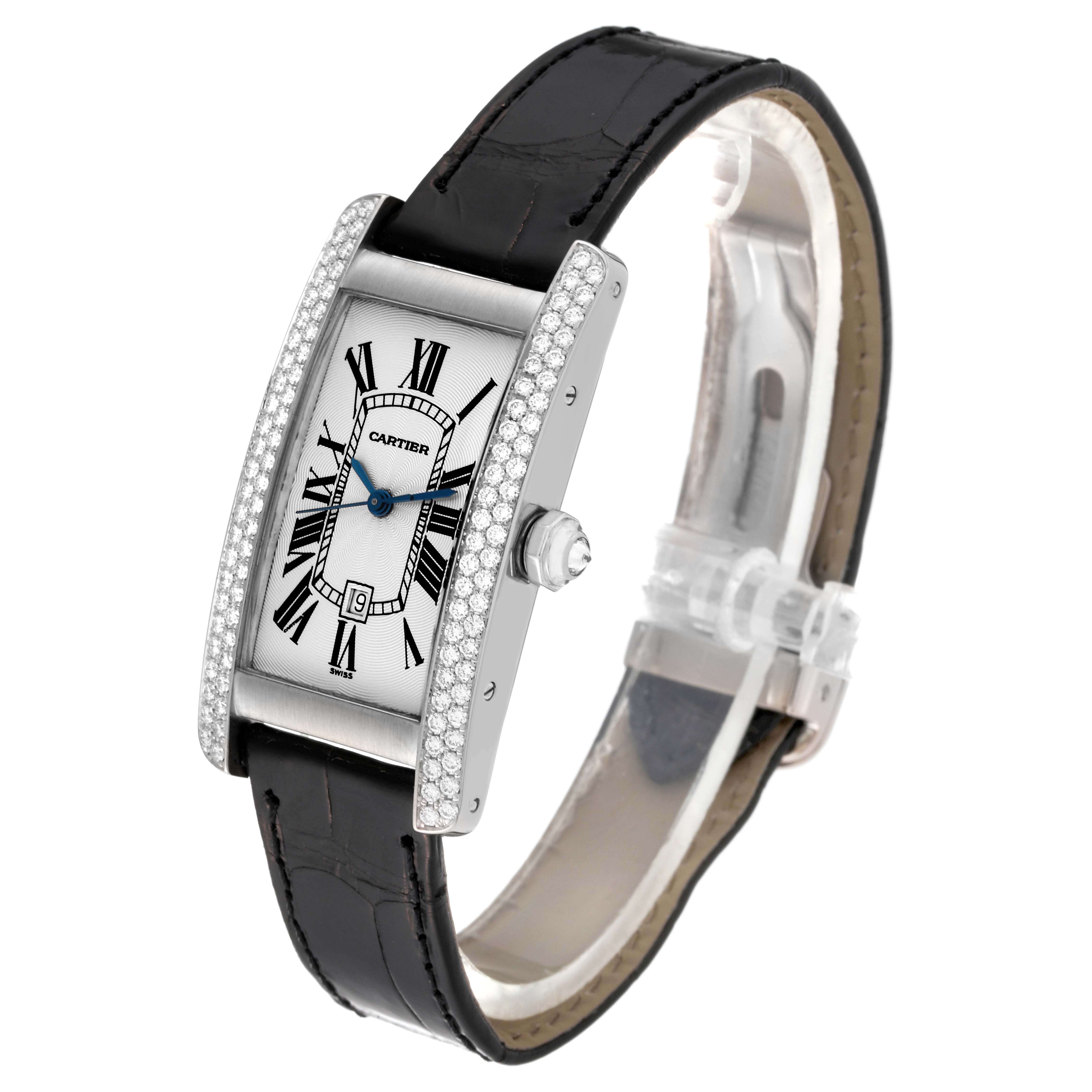 The image shows a Cartier Tank Americaine WB702651 Women
s White Gold Silver Dial WB702651 Women
s White Gold Silver Dial watch from an angled side view highlighting the face and strap.