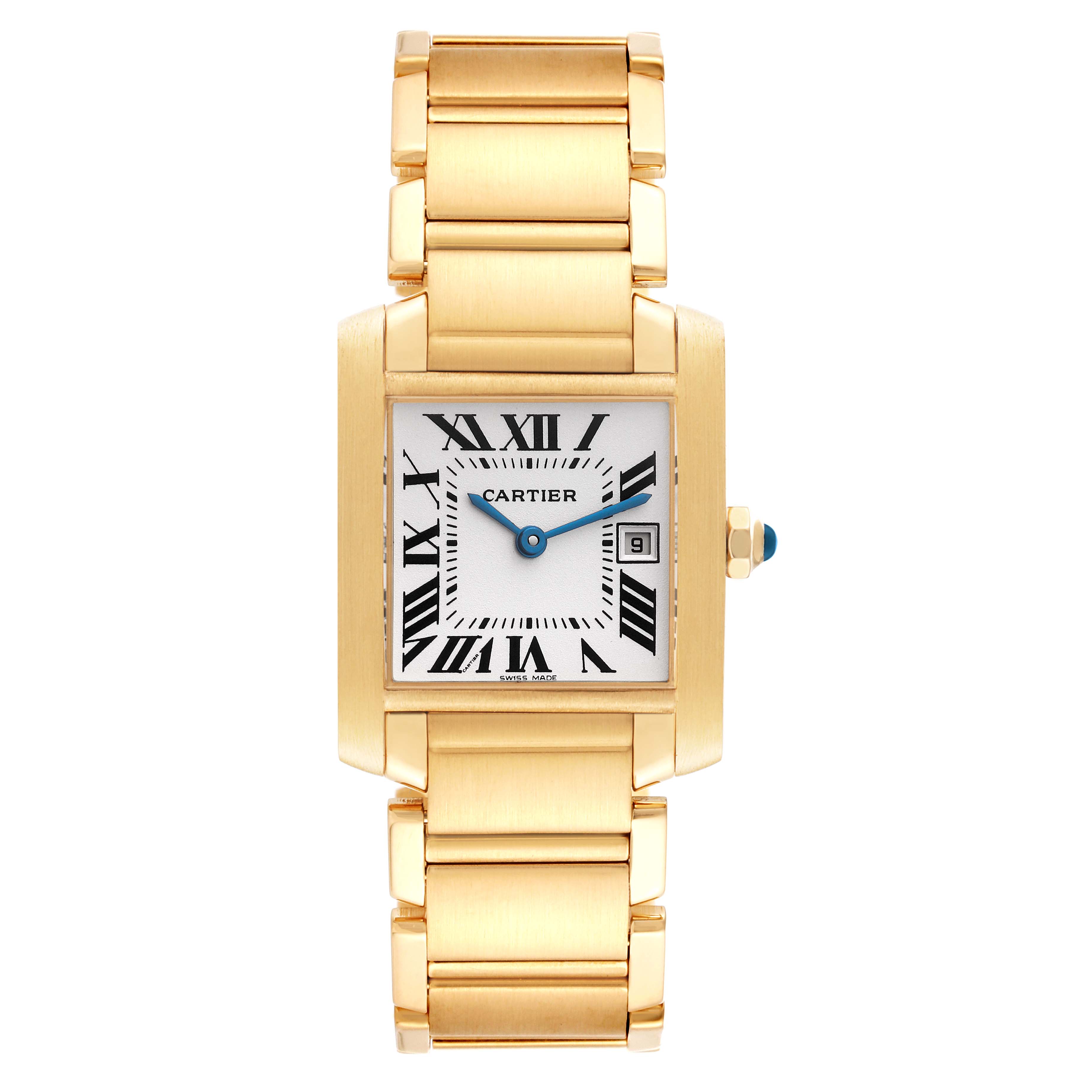 The image shows a Cartier Tank Francaise W50014N2 Women's Yellow Gold Silver Dial W50014N2 Women's Yellow Gold Silver Dial watch from a front angle, highlighting the face, case, crown, and bracelet.