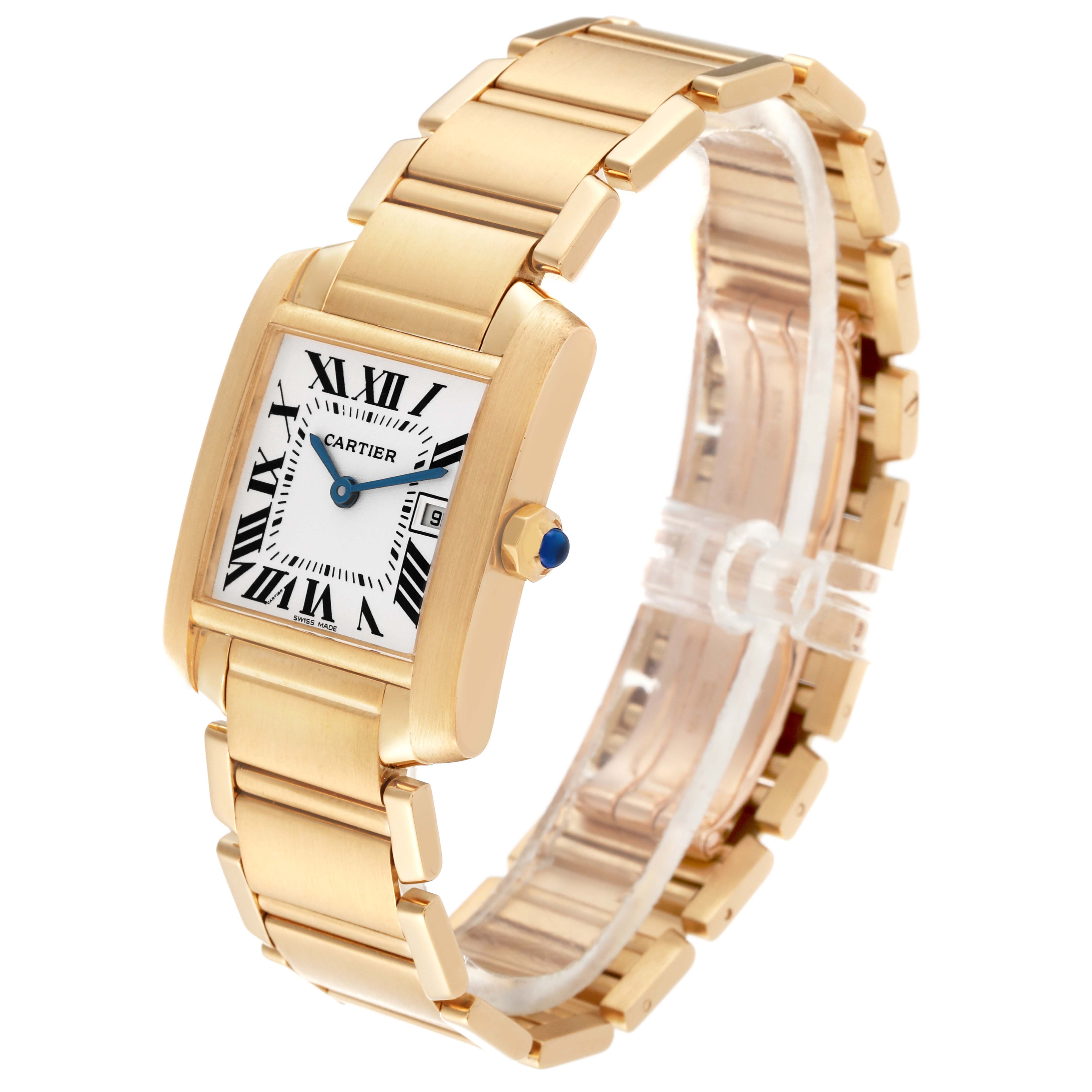 This image shows a Cartier Tank Française watch at an angle highlighting the gold case, bracelet, and Roman numeral dial.