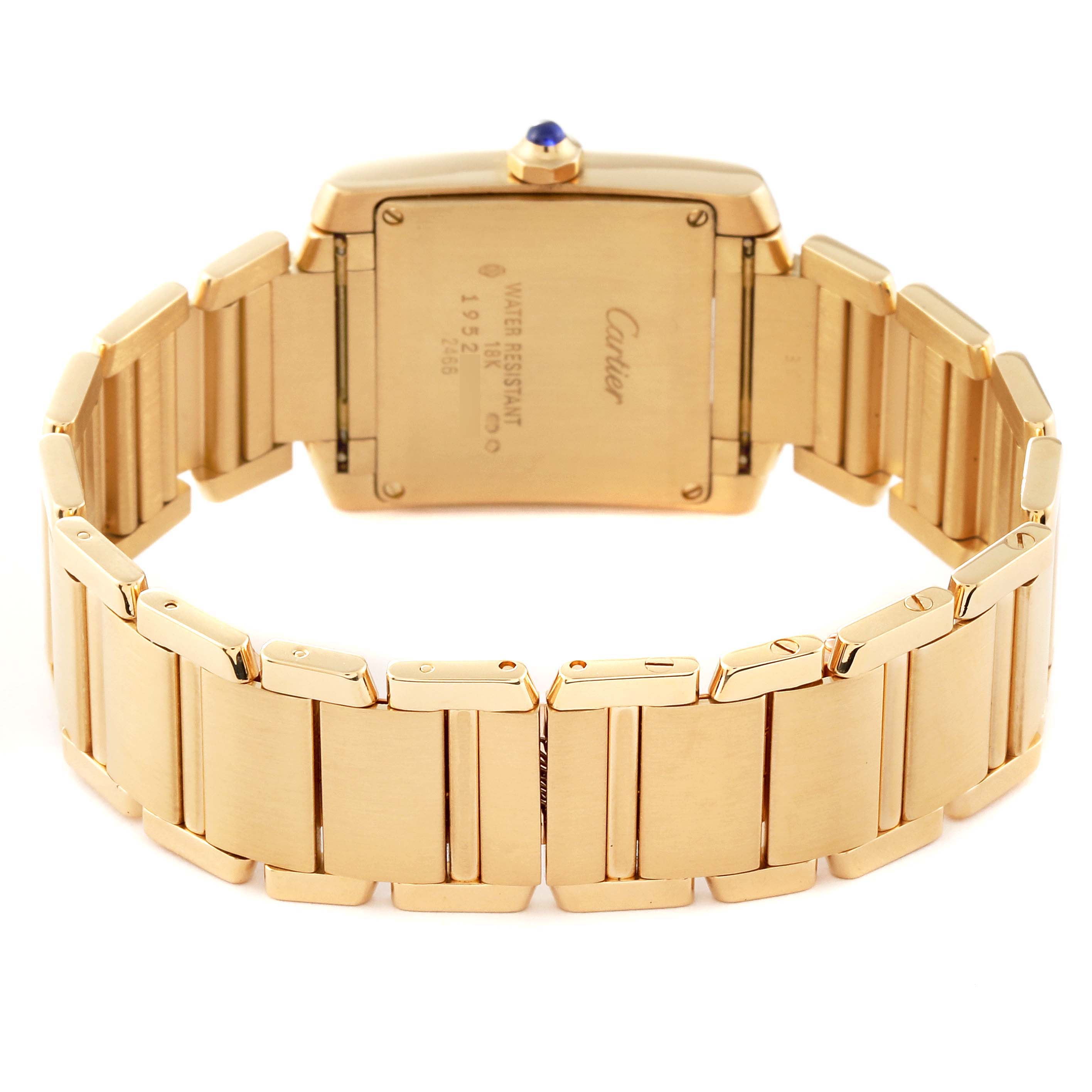 This image shows the back and bracelet of a Cartier Tank Francaise W50014N2 Women's Yellow Gold Silver Dial W50014N2 Women's Yellow Gold Silver Dial watch from a rear perspective.