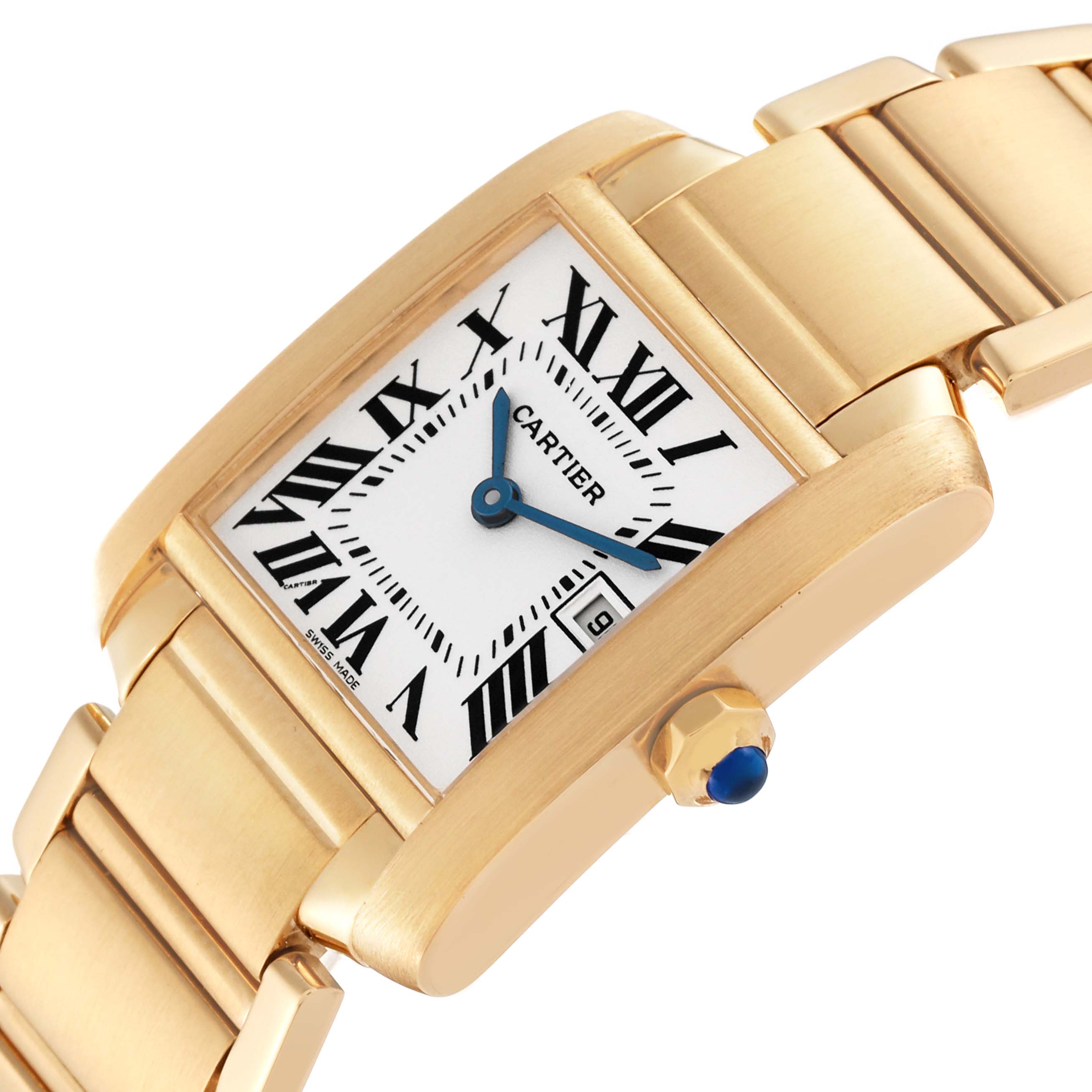 The image shows a close-up angled view of the Cartier Tank Francaise W50014N2 Women's Yellow Gold Silver Dial W50014N2 Women's Yellow Gold Silver Dial watch, highlighting the face, crown, and part of the bracelet.