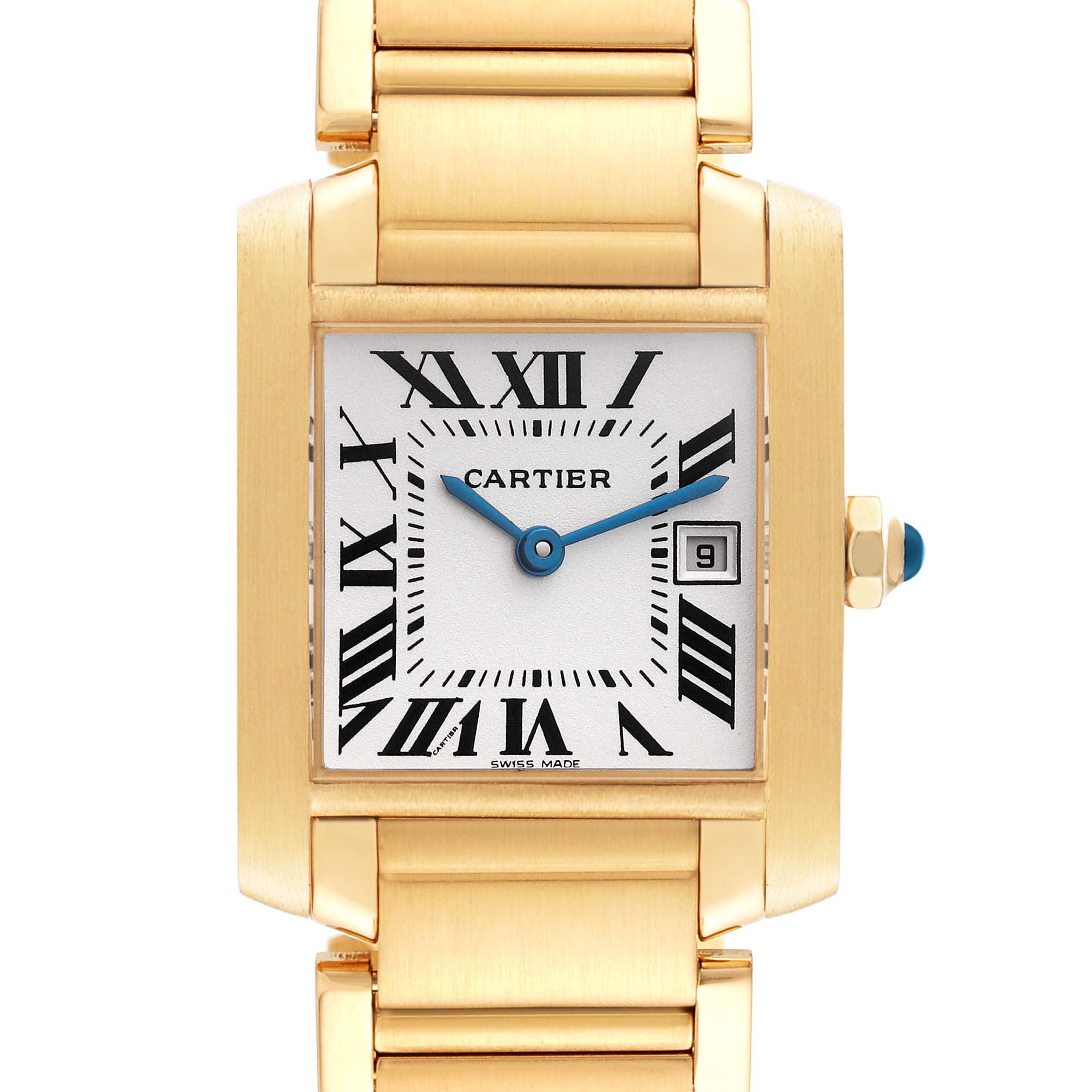 The image shows a front view of the Cartier Tank Francaise W50014N2 Women's Yellow Gold Silver Dial W50014N2 Women's Yellow Gold Silver Dial watch, highlighting its face, Roman numerals, and gold bracelet.