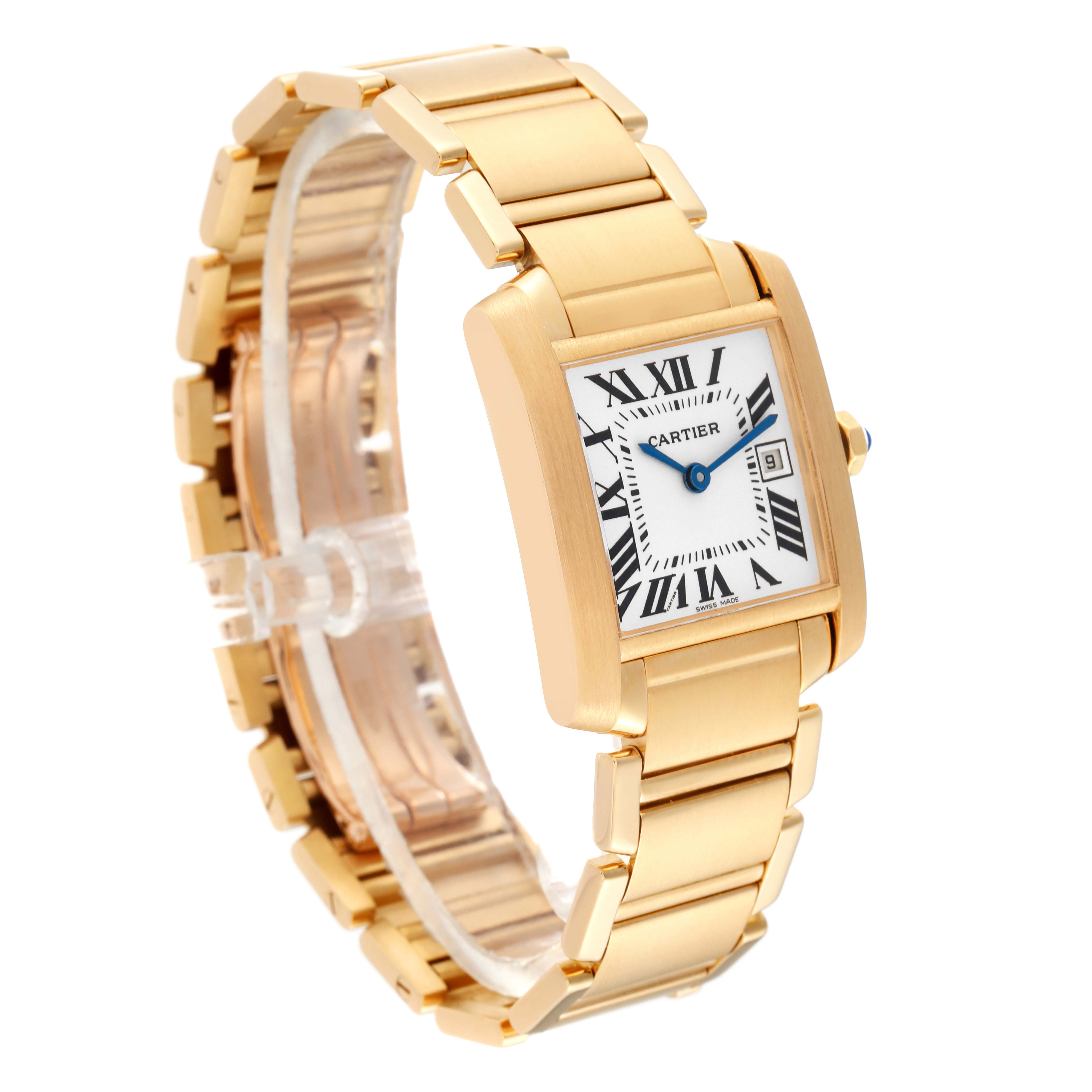 The image shows a gold Cartier Tank Française watch angled slightly to the left.