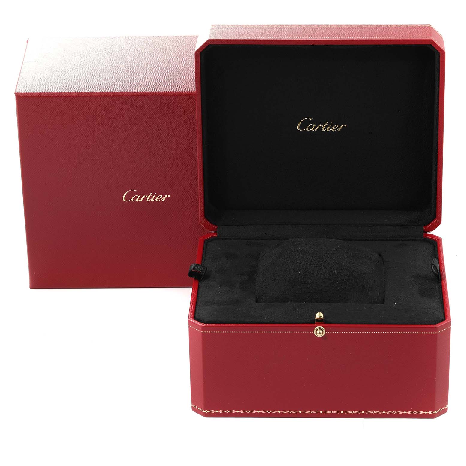 The image shows an open presentation box for the Tank Française model by Cartier with a red outer box and black interior.
