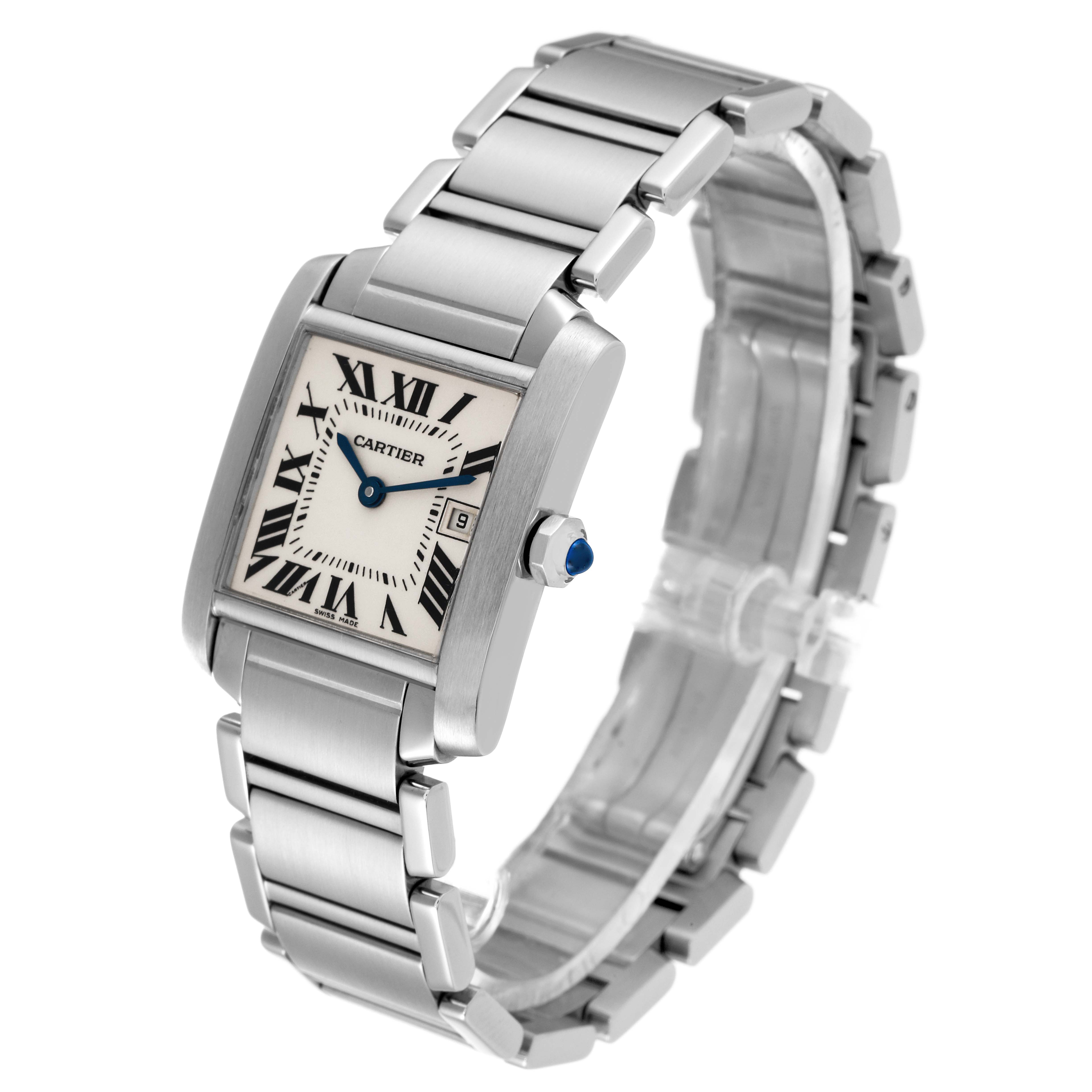 The Cartier Tank Française watch is shown at a three-quarter angle, highlighting the face, bezel, and bracelet.