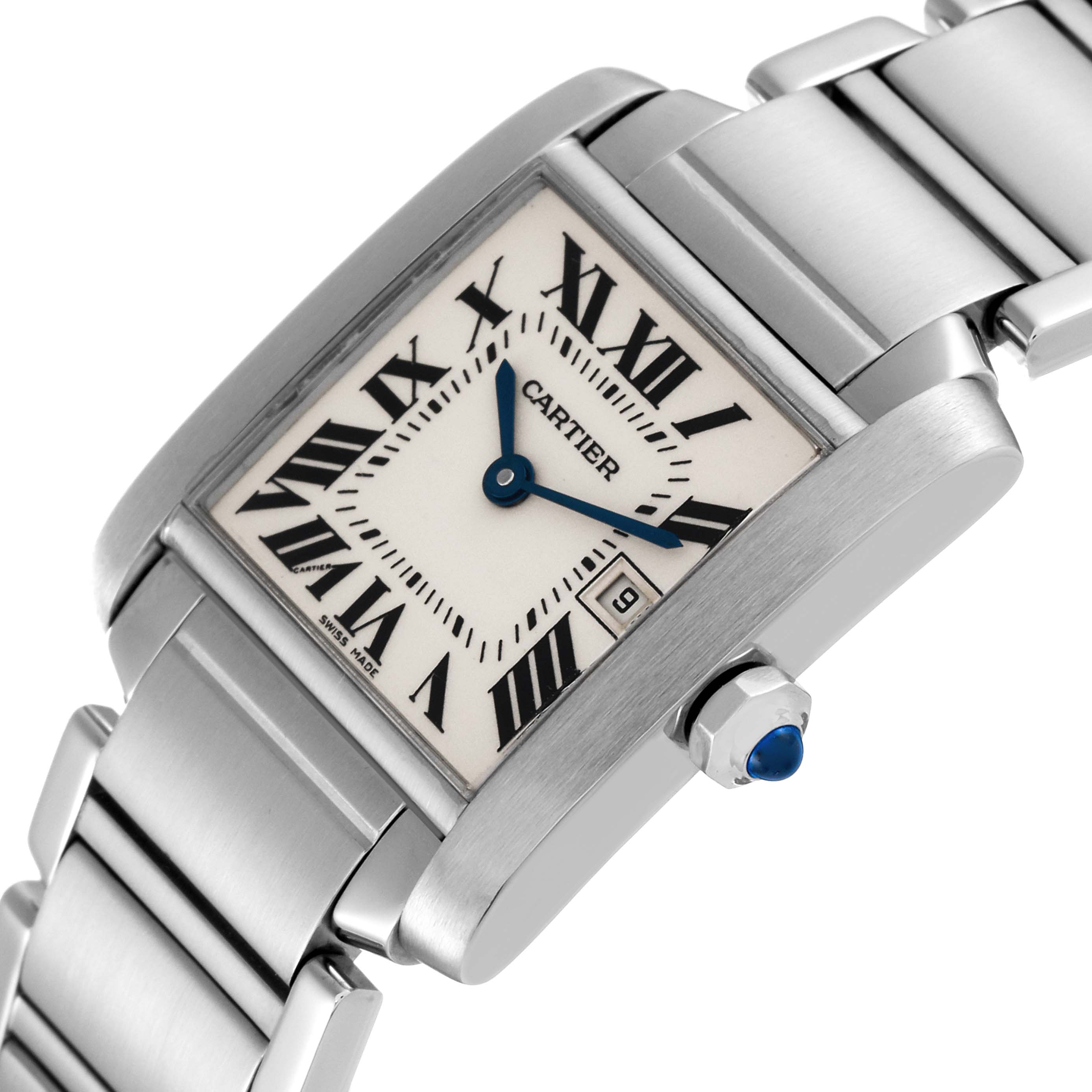 The Cartier Tank Française watch is shown from an angled view, featuring its rectangular face, Roman numerals, blue hands, and metal bracelet.