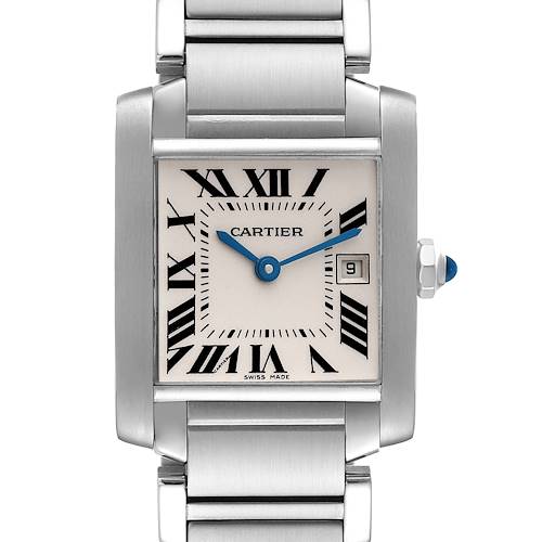 The Cartier Tank Française watch is shown from the front, displaying the dial, Roman numerals, and the watch bracelet.