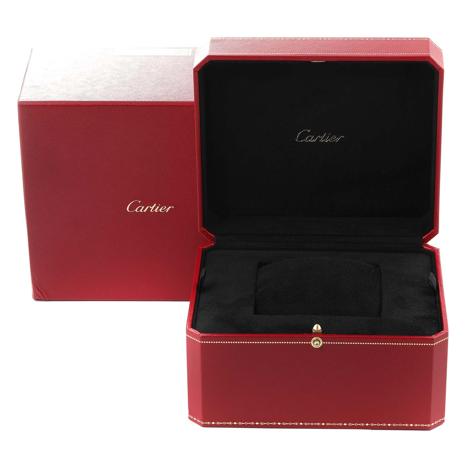 The image shows the red Cartier box for the Tank Française watch, with the lid open, revealing a cushioned interior.