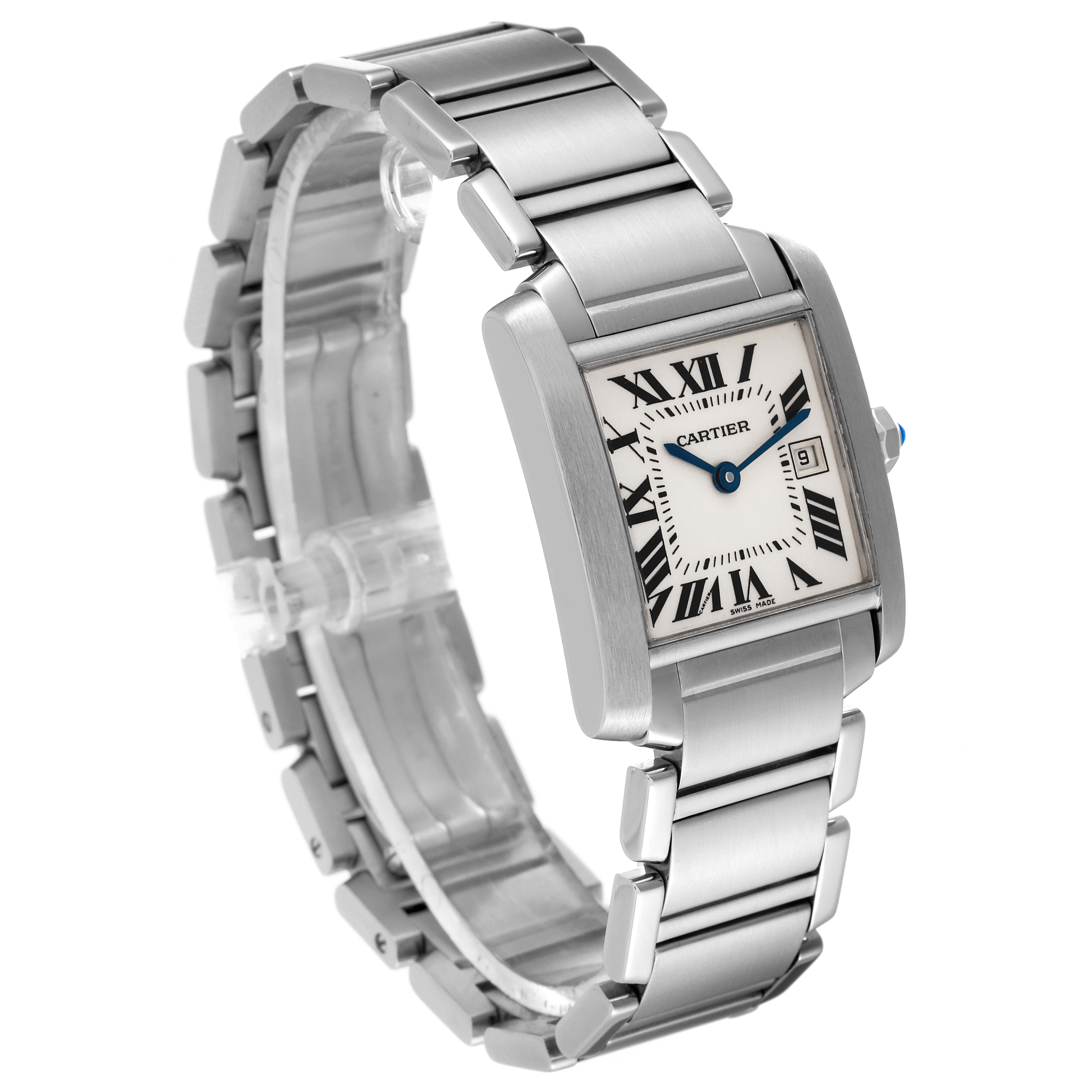 The Cartier Tank Française watch is shown in a three-quarter angle, highlighting its face, bracelet, and side details.