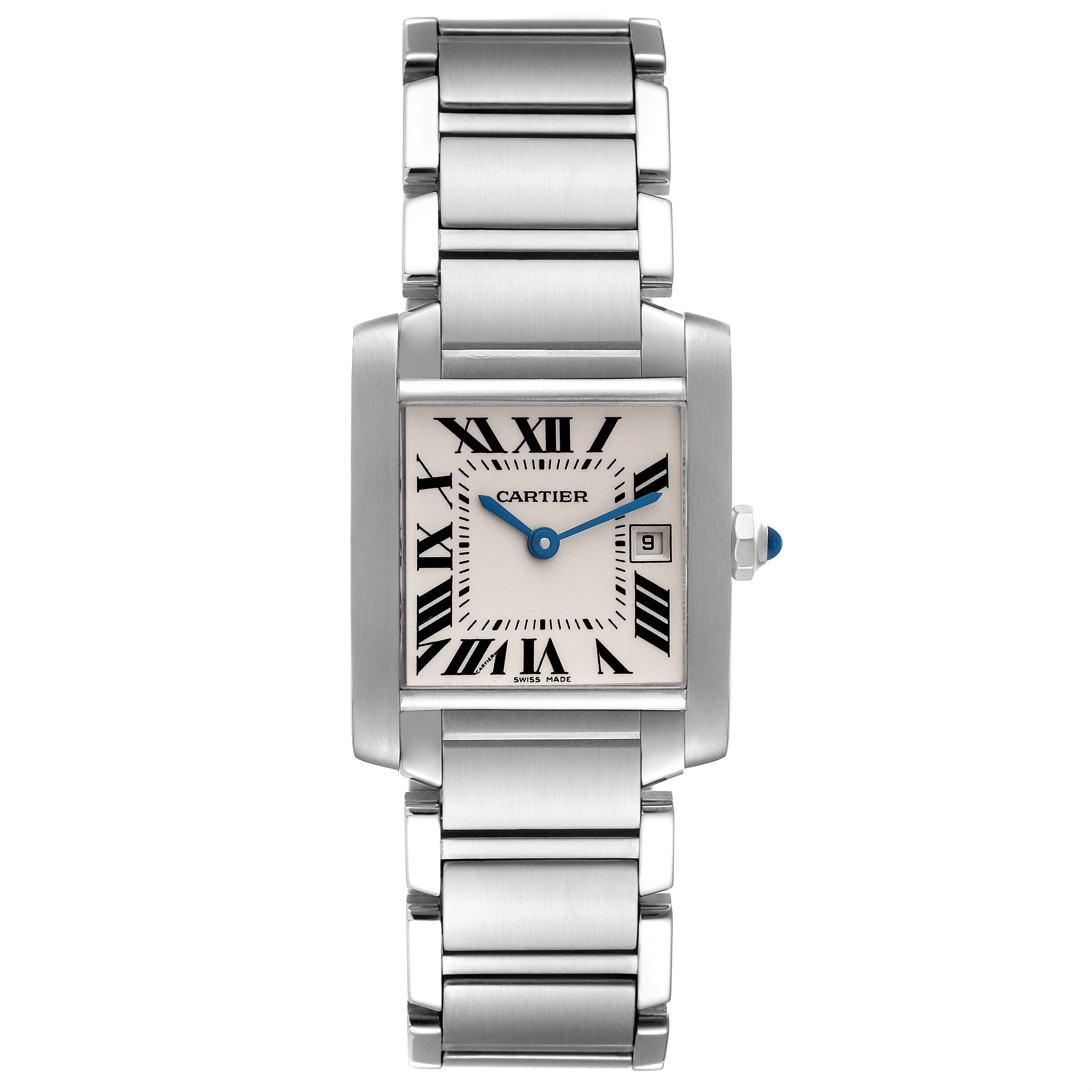 The Cartier Tank Française watch is shown from the front, highlighting its square face, Roman numerals, and metal bracelet.