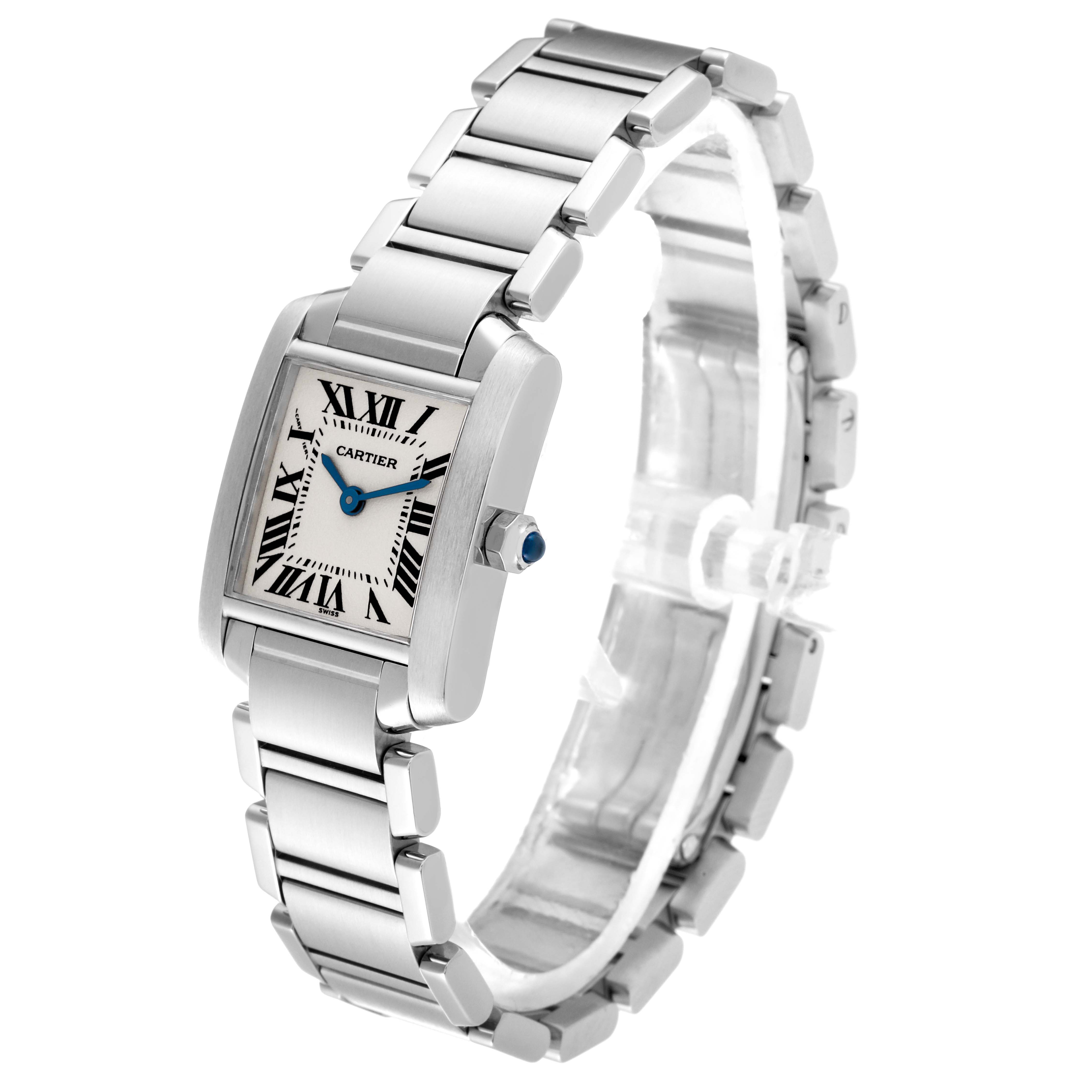 The image shows a Cartier Tank Francaise W51008Q3 Women's Stainless Steel Silver Dial W51008Q3 Women's Stainless Steel Silver Dial watch at a three-quarter angle, highlighting its rectangular face and stainless steel bracelet.