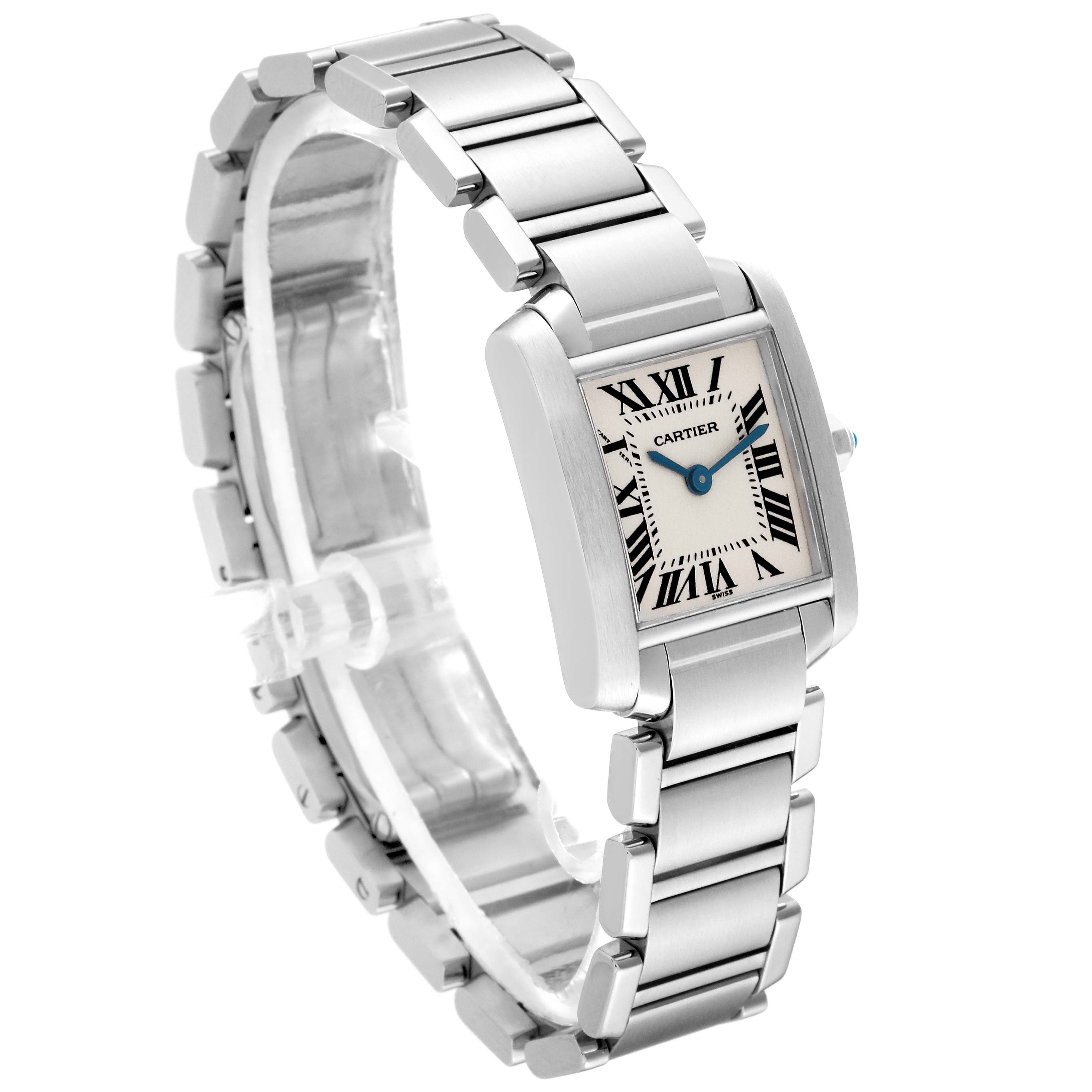 The Cartier Tank Francaise W51008Q3 Women's Stainless Steel Silver Dial W51008Q3 Women's Stainless Steel Silver Dial watch is shown at a three-quarter angle, displaying its face, bracelet, and iconic rectangular case.