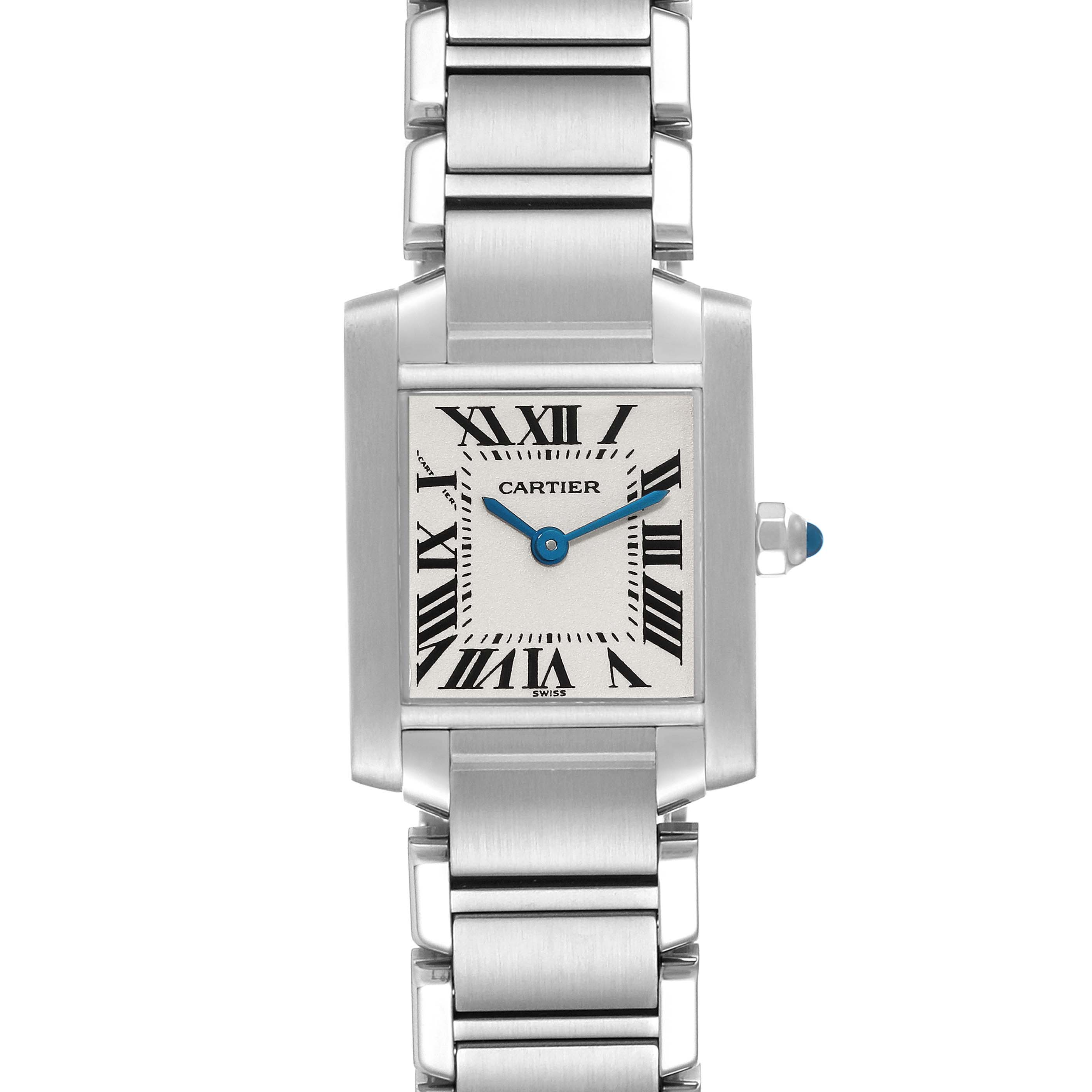 This is a front view of the Cartier Tank Francaise W51008Q3 Women's Stainless Steel Silver Dial W51008Q3 Women's Stainless Steel Silver Dial watch, showing the face, bracelet, and crown.
