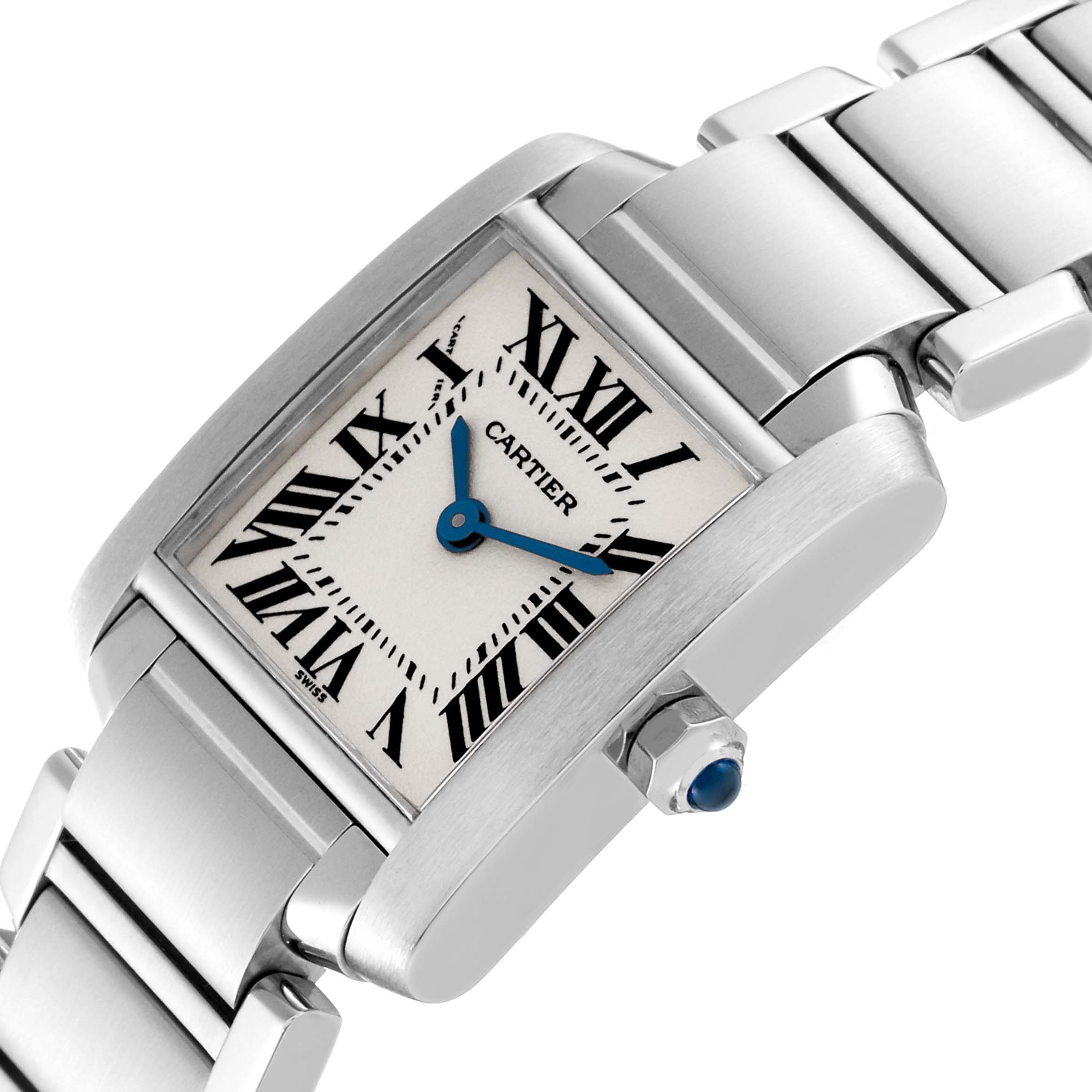 The image shows a Cartier Tank Francaise W51008Q3 Women's Stainless Steel Silver Dial W51008Q3 Women's Stainless Steel Silver Dial watch at an angled close-up highlighting the face, crown, and a portion of the bracelet.