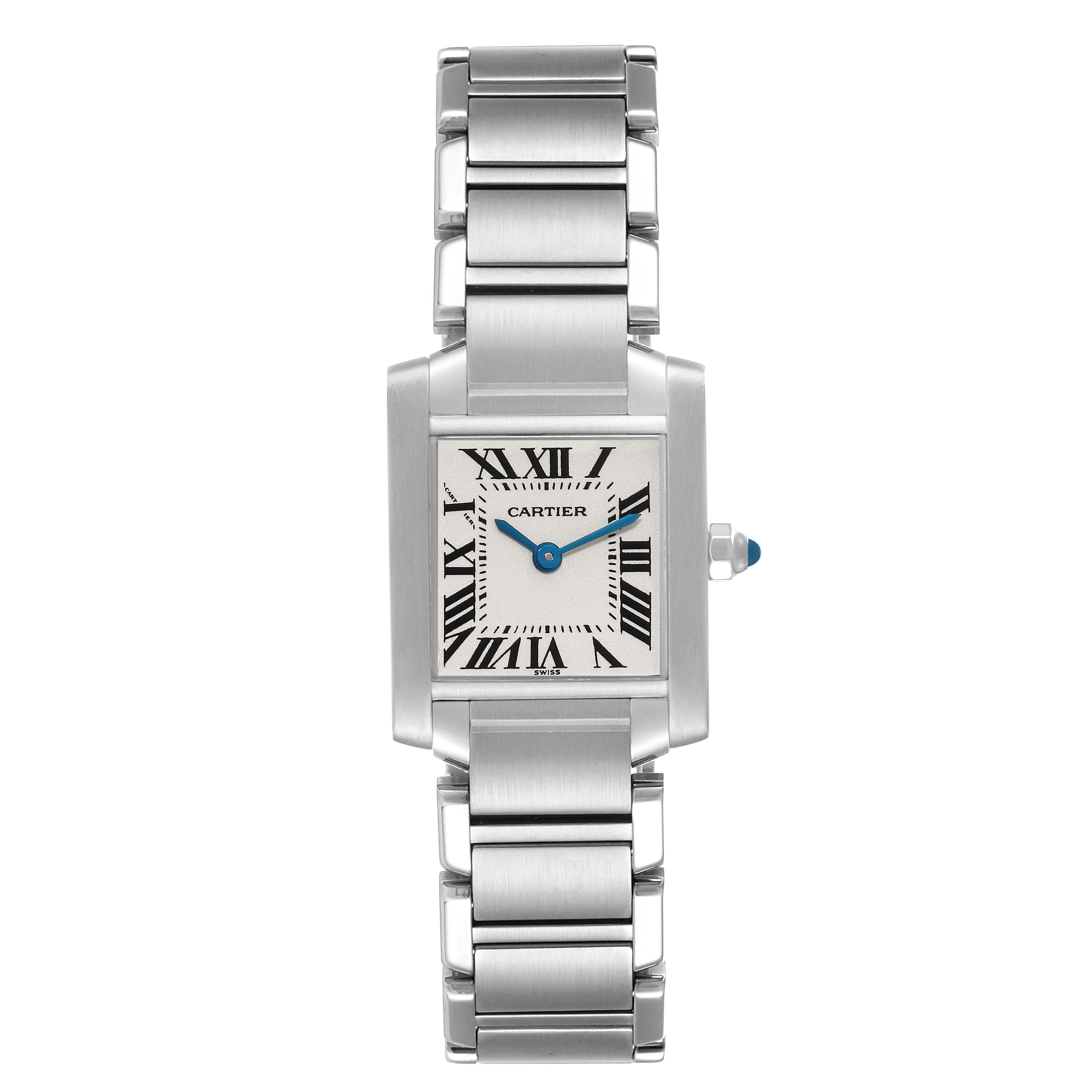 This image shows a front view of the Cartier Tank Francaise W51008Q3 Women's Stainless Steel Silver Dial W51008Q3 Women's Stainless Steel Silver Dial watch, highlighting its steel bracelet and rectangular dial.