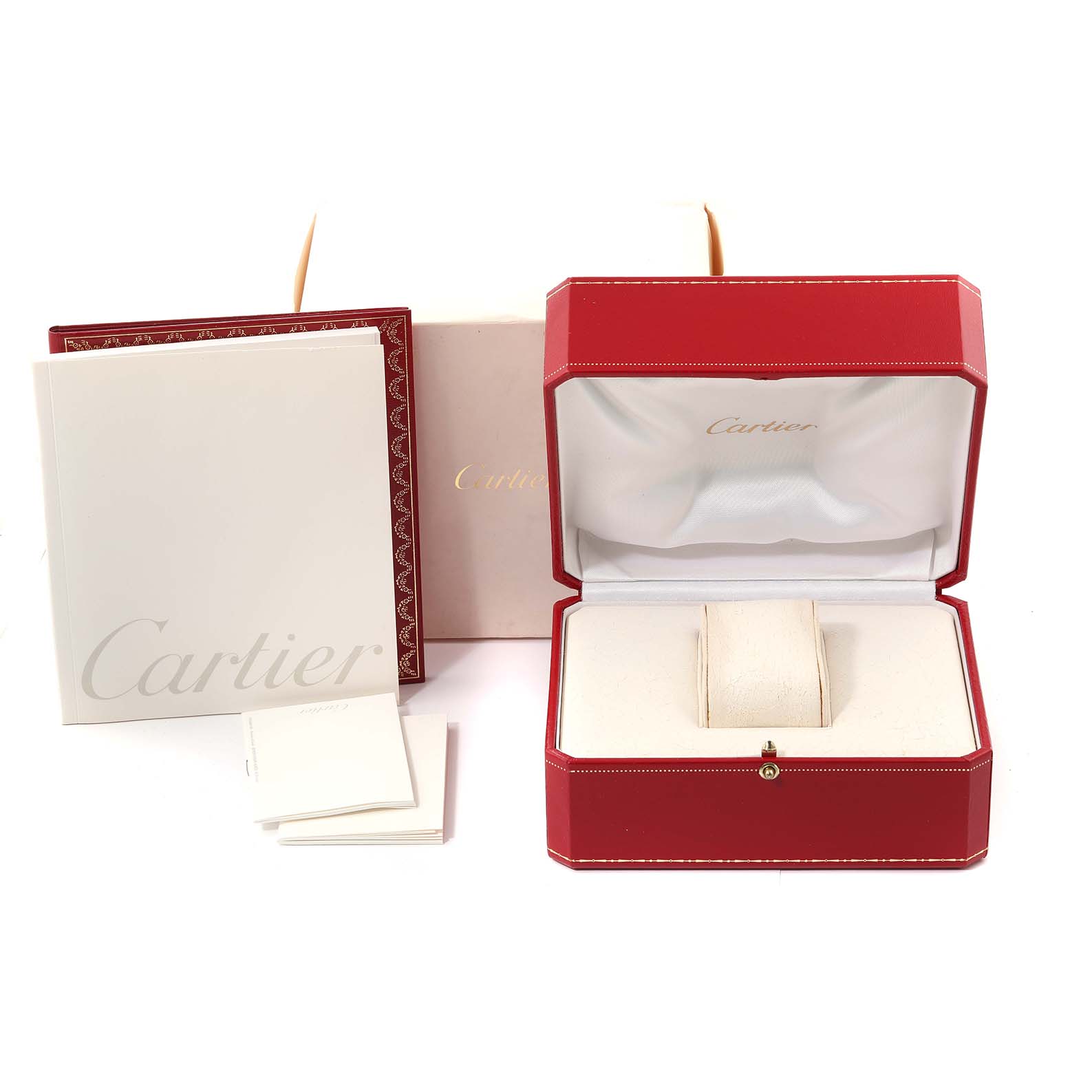 The image shows the packaging and manuals for a Cartier Tank Francaise W51008Q3 Women's Stainless Steel Silver Dial W51008Q3 Women's Stainless Steel Silver Dial watch, including a red box, cream interior, and booklets.